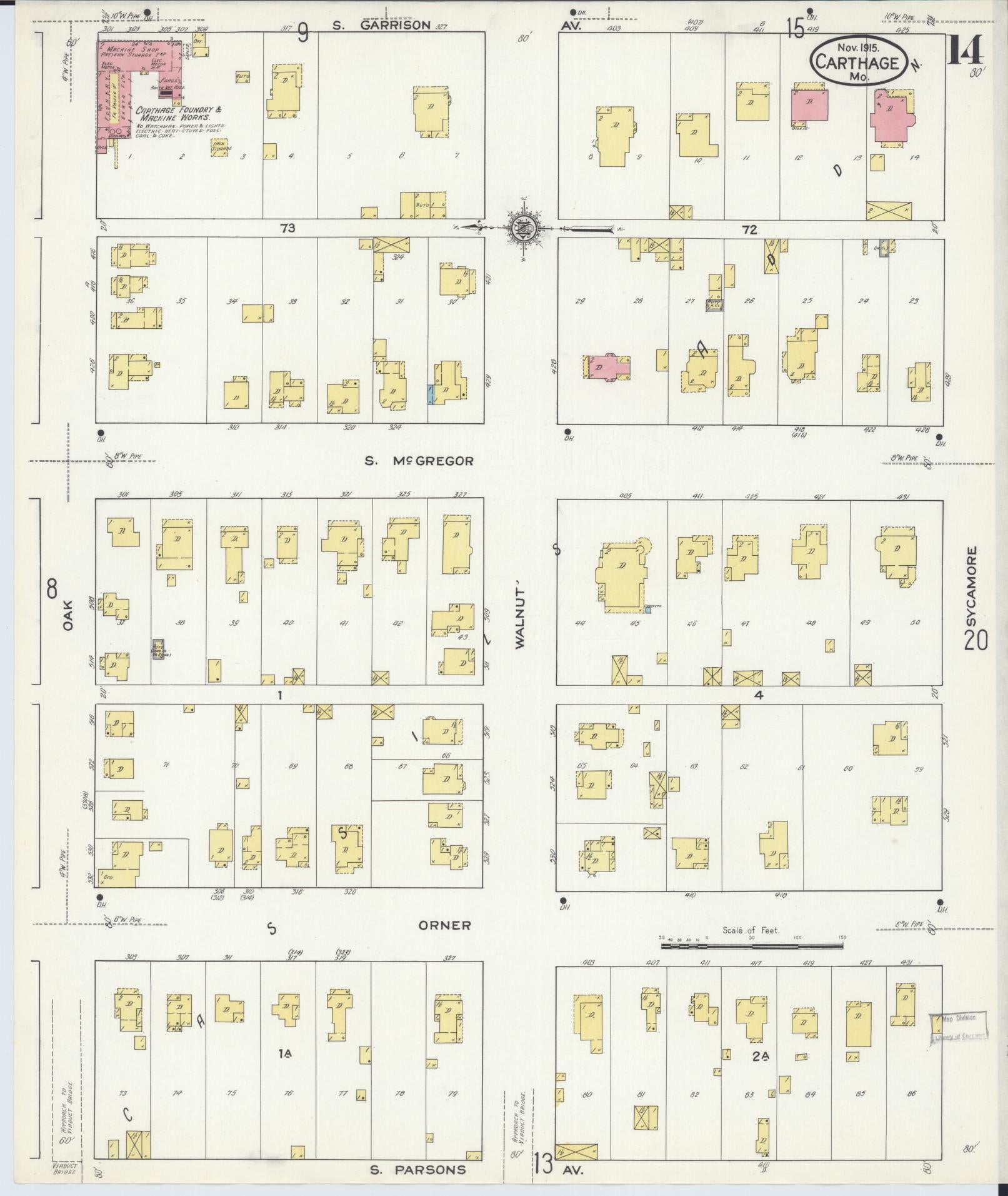 Sanborn Fire Insurance Map from Carthage, Jasper County, Missouri (1915), Sheet #0014 - Complete Map Set gallery image, historic Sanborn map, vintage wall art, Missouri Missouri