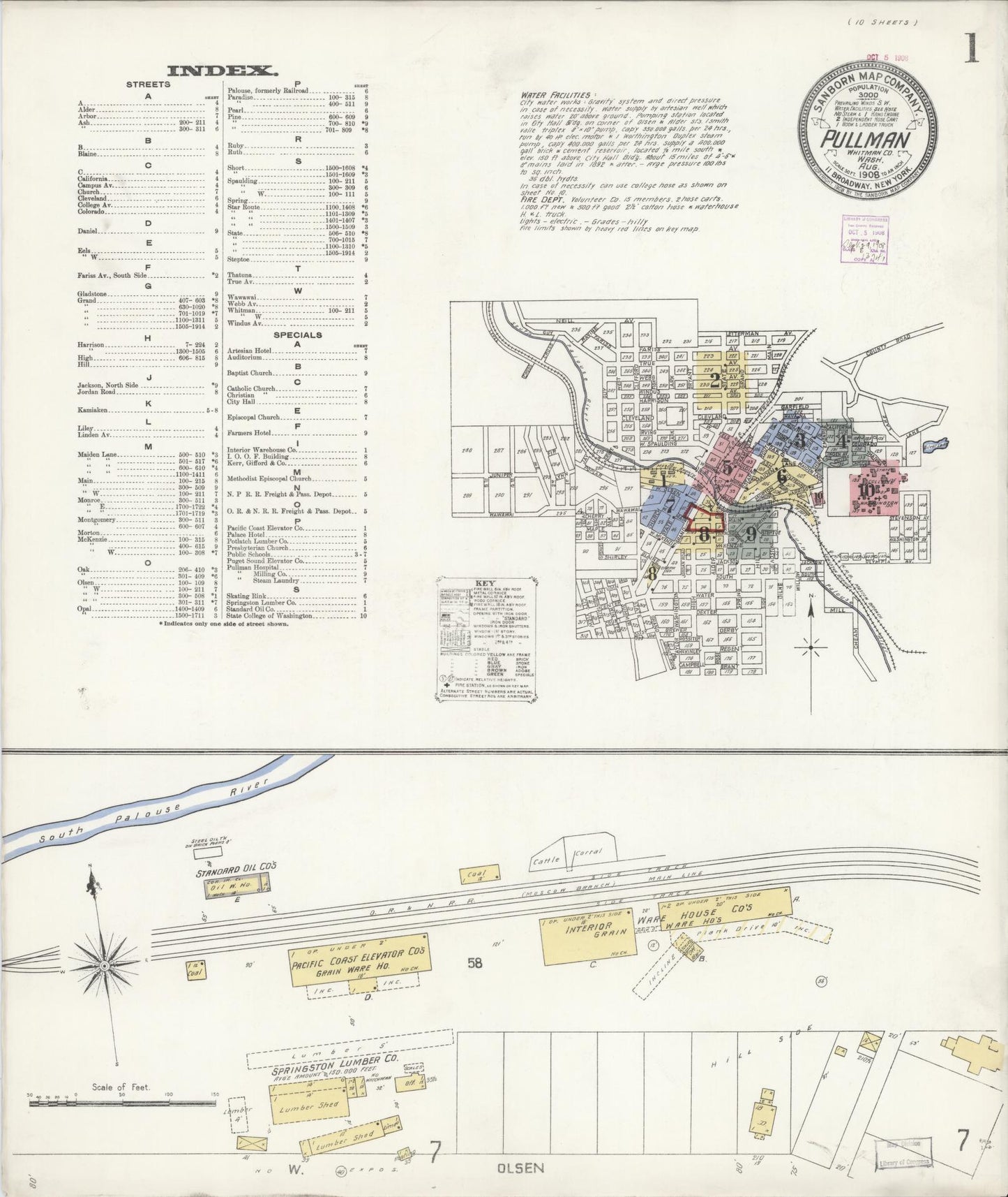 Sanborn Fire Insurance Map from Pullman, Whitman County, Washington (1908), Sheet #0001 - Complete Map Set gallery image, historic Sanborn map, vintage wall art, Washington Washington