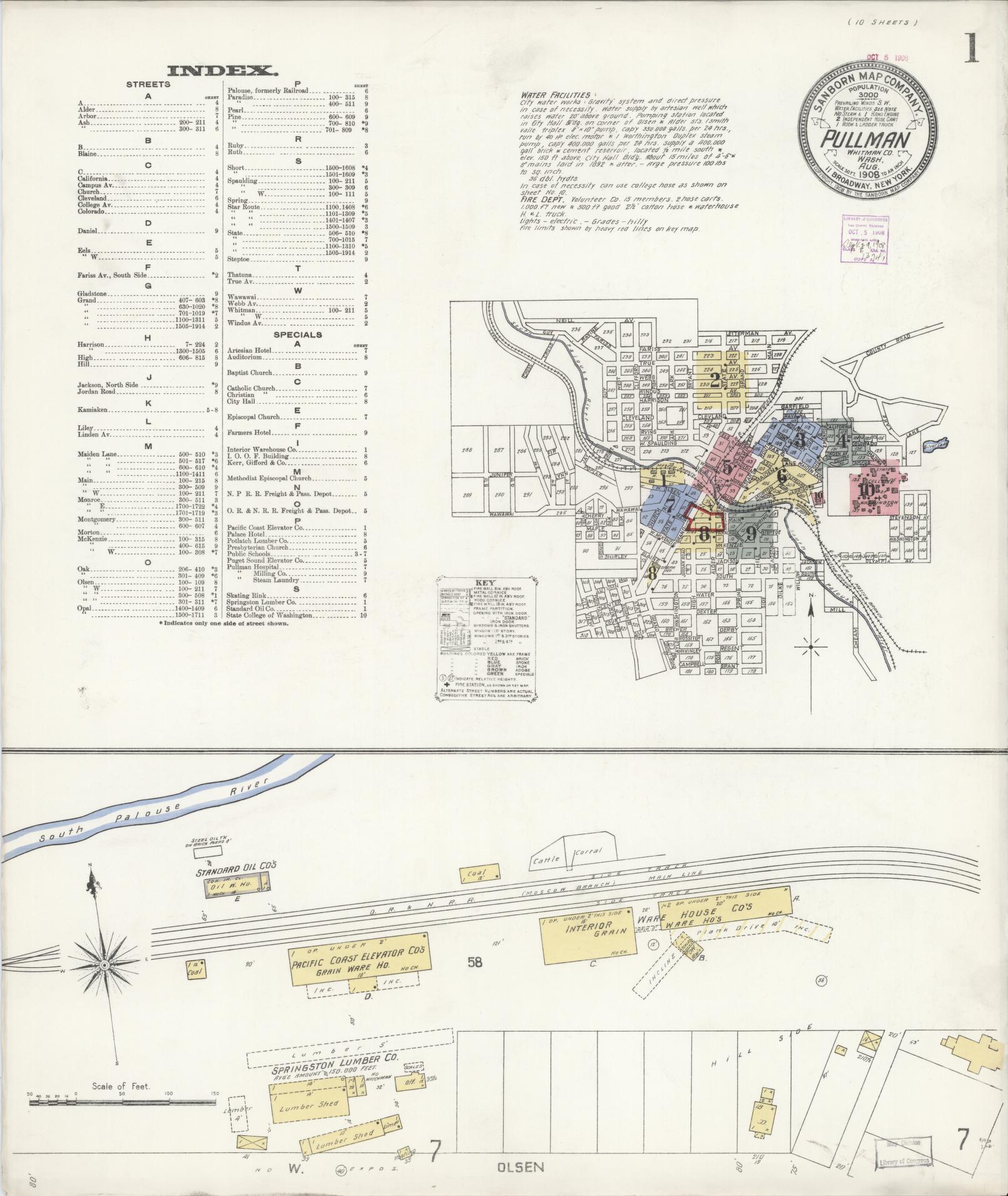Sanborn Fire Insurance Map from Pullman, Whitman County, Washington (1908), Sheet #0001 - Complete Map Set gallery image, historic Sanborn map, vintage wall art, Washington Washington