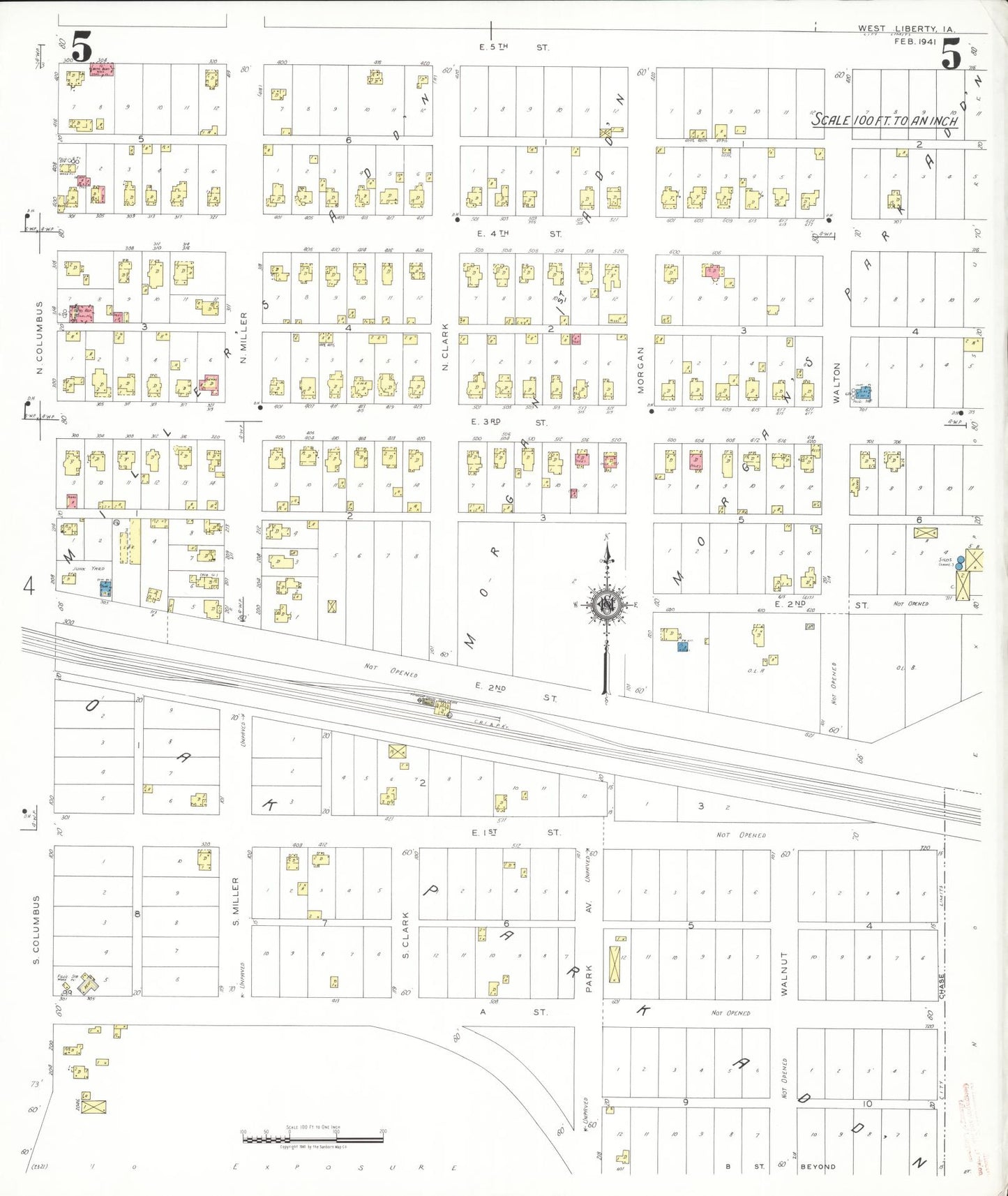 Sanborn Fire Insurance Map from West Liberty, Muscatine County, Iowa (1941), Sheet #0005 - Historic Sanborn Fire Insurance Map Print, vintage old map wall art