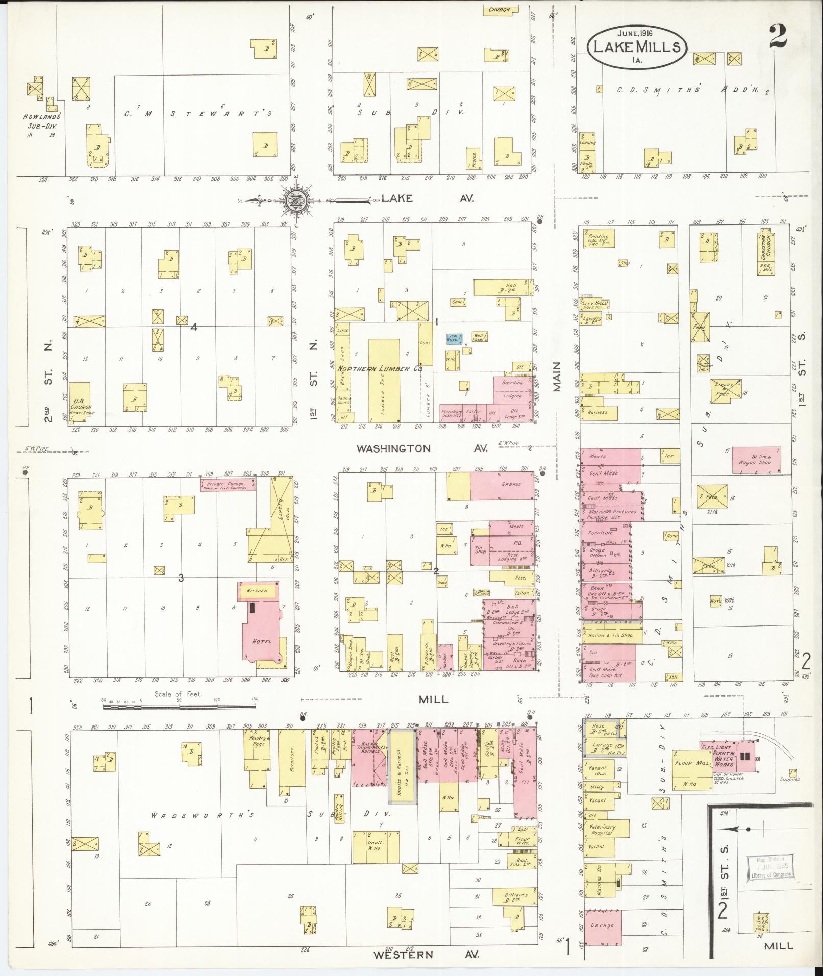 Sanborn Fire Insurance Map from Lake Mills, Winnebago County, Iowa (1916), Sheet #0002 - Historic Sanborn Fire Insurance Map Print, vintage old map wall art