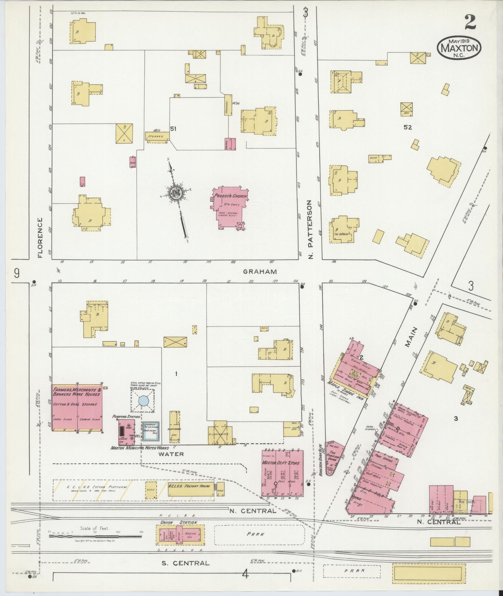 Sanborn Fire Insurance Map from Maxton, Robeson County, North Carolina (1919), Sheet #0002 - Historic Sanborn Fire Insurance Map Print, vintage old map wall art, antique decor, genealogy gift, North Carolina North Carolina map