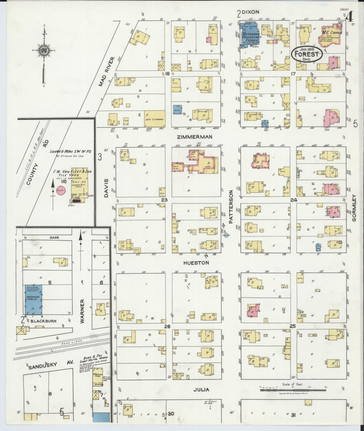 Sanborn Fire Insurance Map from Forest, Hardin County, Ohio (1921), Sheet #0004 - Historic Sanborn Fire Insurance Map Print, vintage old map wall art, antique decor, genealogy gift, Ohio Ohio map