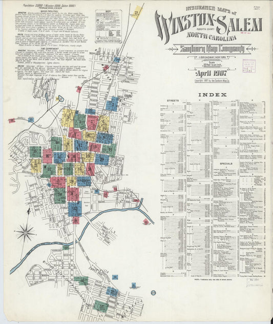 Sanborn Fire Insurance Map from Winston-Salem, Forsyth County, North Carolina (1907), Sheet #0001 - Historic Sanborn Fire Insurance Map Print, vintage old map wall art, antique decor, genealogy gift, North Carolina North Carolina map