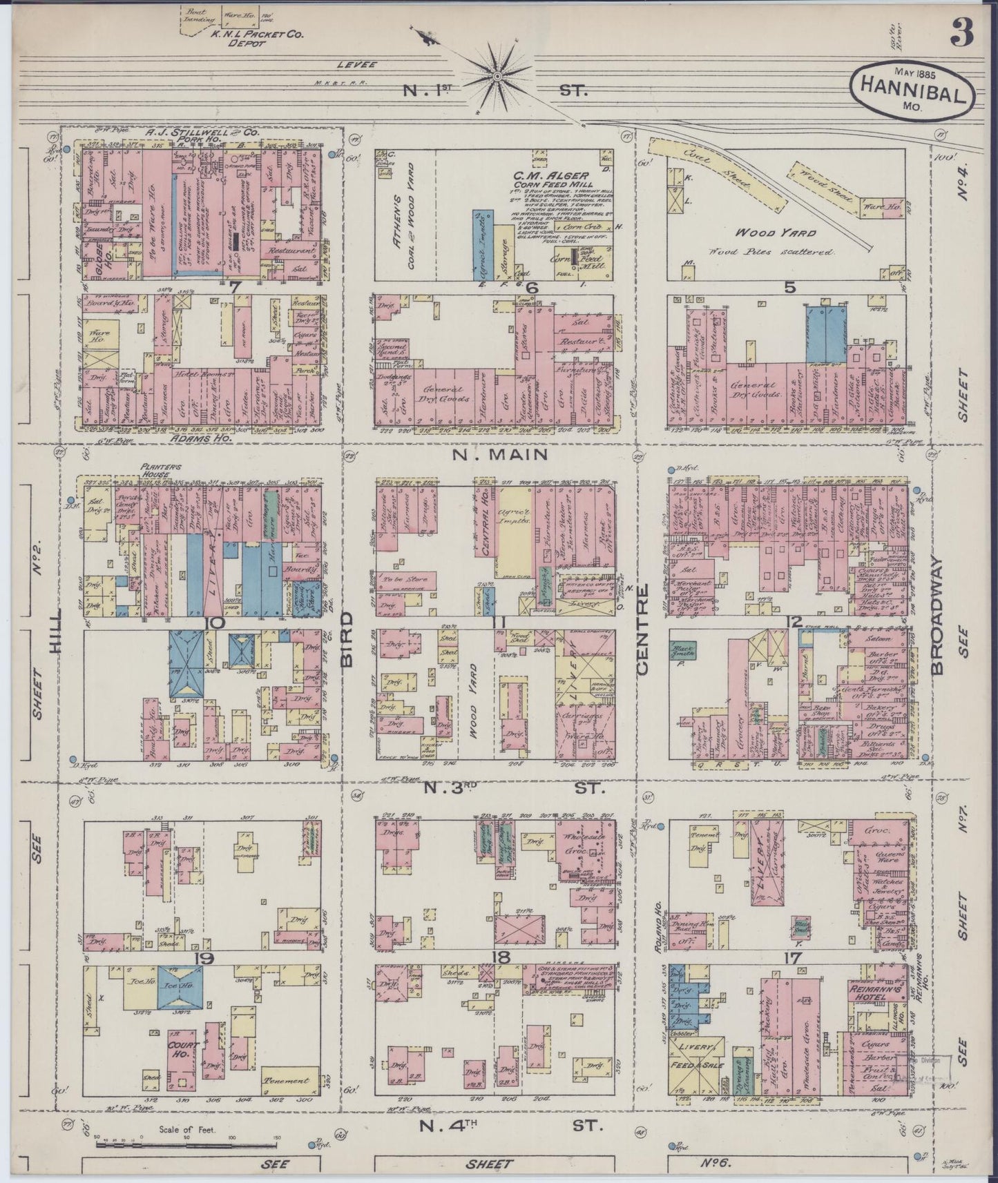 Sanborn Fire Insurance Map from Hannibal, Marion County, Missouri (1885), Sheet #0003 - Complete Map Set gallery image, historic Sanborn map, vintage wall art, Missouri Missouri