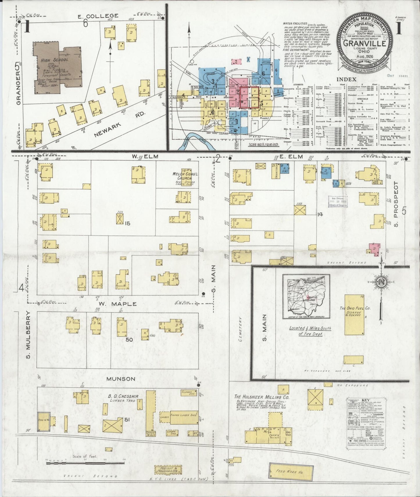 Sanborn Fire Insurance Map from Granville, Licking County, Ohio (1926), Sheet #0001 - Historic Sanborn Fire Insurance Map Print, vintage old map wall art, antique decor, genealogy gift, Ohio Ohio map