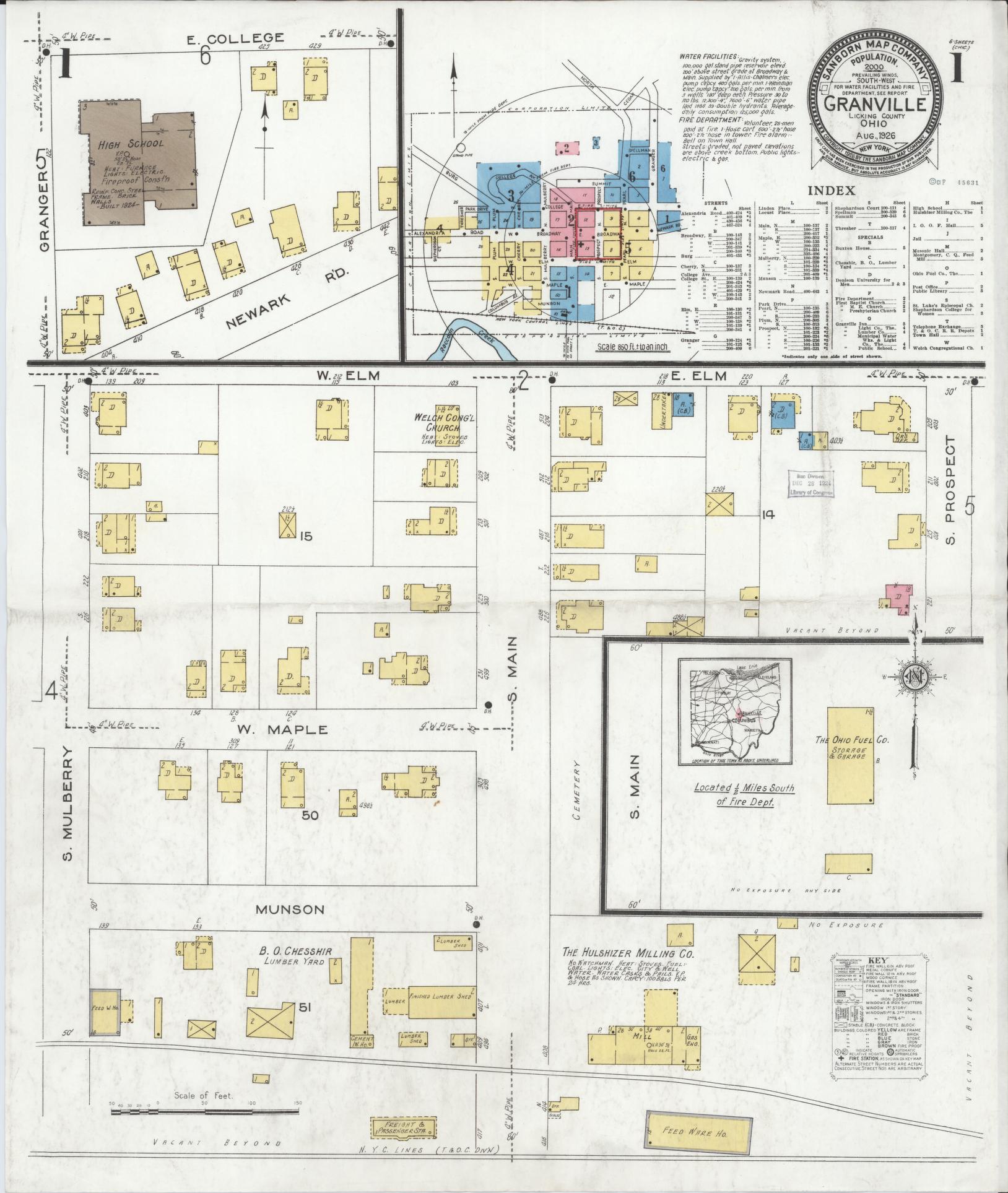 Sanborn Fire Insurance Map from Granville, Licking County, Ohio (1926), Sheet #0001 - Historic Sanborn Fire Insurance Map Print, vintage old map wall art, antique decor, genealogy gift, Ohio Ohio map