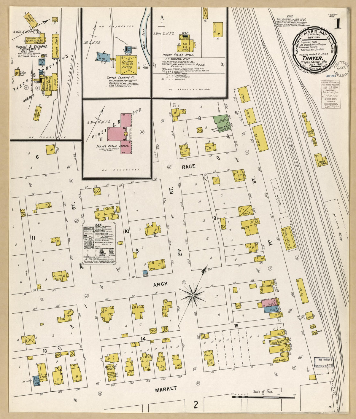 Sanborn Fire Insurance Map from Thayer, Oregon County, Missouri (1900), Sheet #0001 - Historic Sanborn Fire Insurance Map Print, vintage old map wall art, antique decor, genealogy gift, Thayer Oregon map