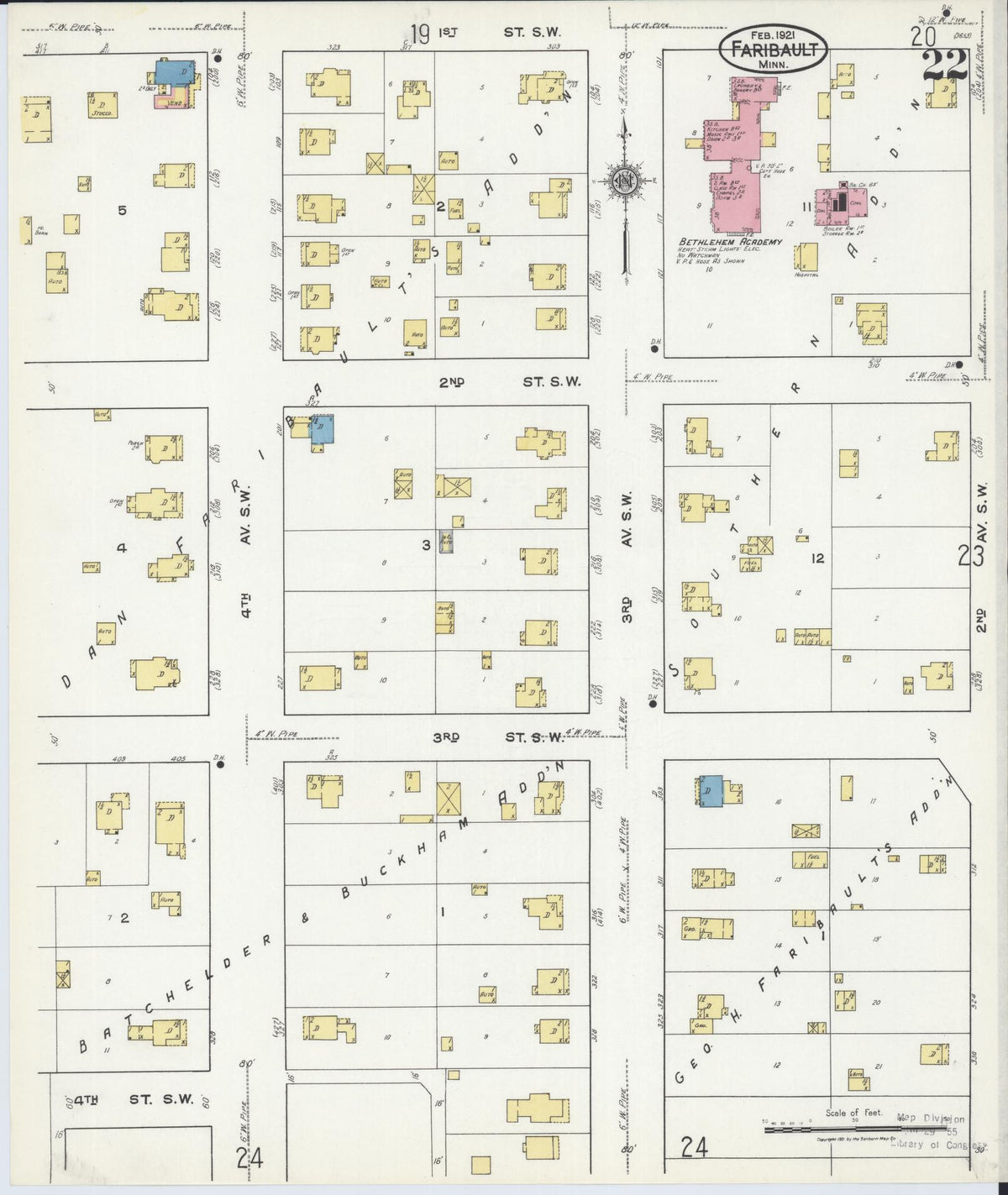 Sanborn Fire Insurance Map from Faribault, Rice County, Minnesota (1921), Sheet #0022 - Historic Sanborn Fire Insurance Map Print, vintage old map wall art, antique decor, genealogy gift, Minnesota Minnesota map