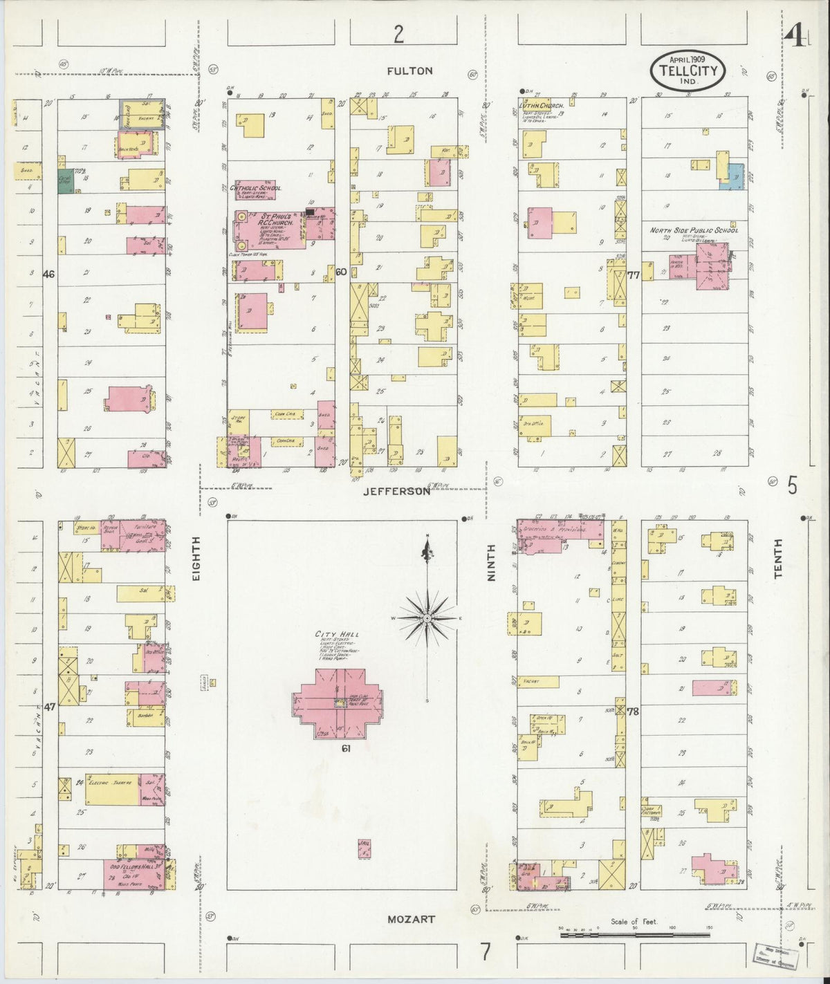 Sanborn Fire Insurance Map from Tell City, Perry County, Indiana (1909), Sheet #0004 - Historic Sanborn Fire Insurance Map Print, vintage old map wall art, antique decor, genealogy gift, Indiana Indiana map