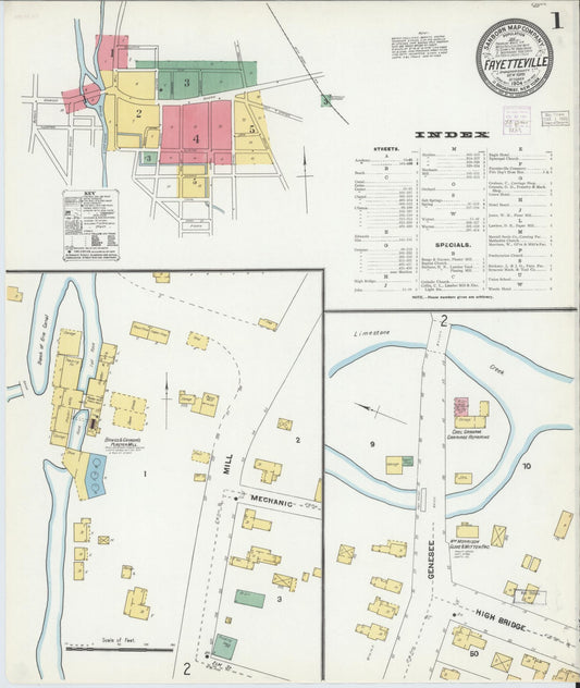 Sanborn Fire Insurance Map from Fayetteville, Onondaga County, New York (1904), Sheet #0001 - Historic Sanborn Fire Insurance Map Print, vintage old map wall art, antique decor, genealogy gift, New York New York map