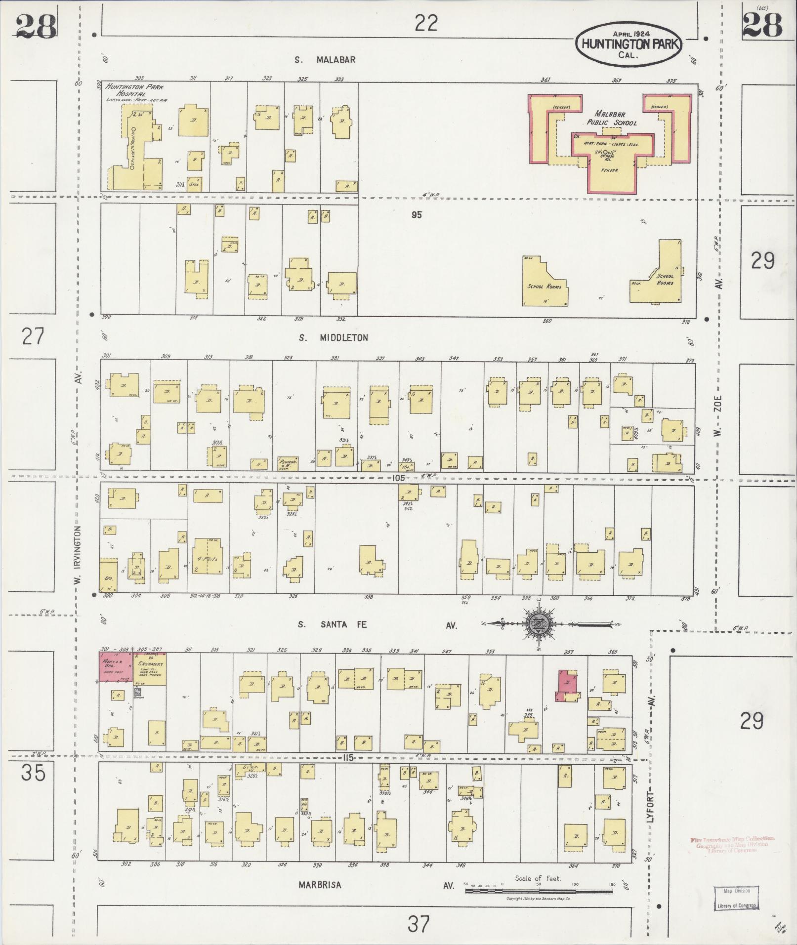 Sanborn Fire Insurance Map from Huntington Park, Los Angeles County, California (1924), Sheet #0028 - Historic Sanborn Fire Insurance Map Print, vintage old map wall art, antique decor, genealogy gift, California California map