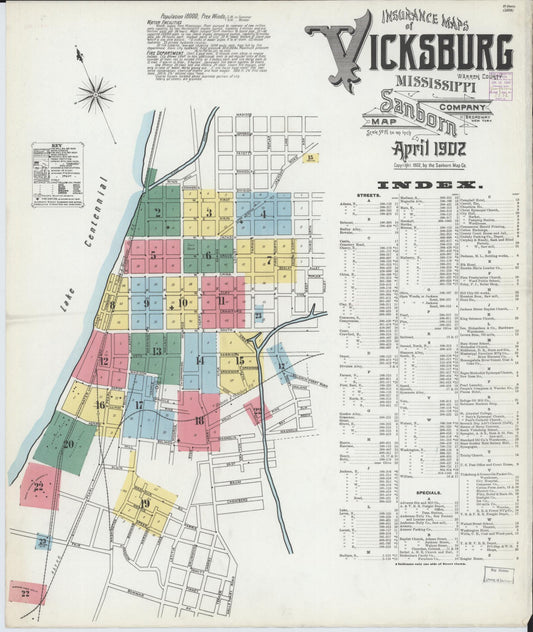 Sanborn Fire Insurance Map from Vicksburg, Warren County, Mississippi (1902), Sheet #0001 - Historic Sanborn Fire Insurance Map Print, vintage old map wall art, antique decor, genealogy gift, Mississippi Mississippi map