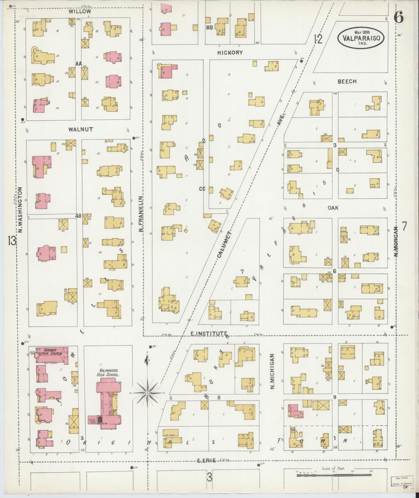 Sanborn Fire Insurance Map from Valparaiso, Porter County, Indiana (1899), Sheet #0006 - Historic Sanborn Fire Insurance Map Print, vintage old map wall art, antique decor, genealogy gift, Indiana Indiana map