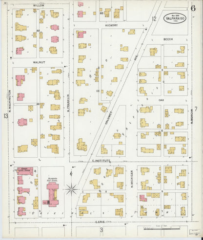 Sanborn Fire Insurance Map from Valparaiso, Porter County, Indiana (1899), Sheet #0006 - Historic Sanborn Fire Insurance Map Print, vintage old map wall art, antique decor, genealogy gift, Indiana Indiana map