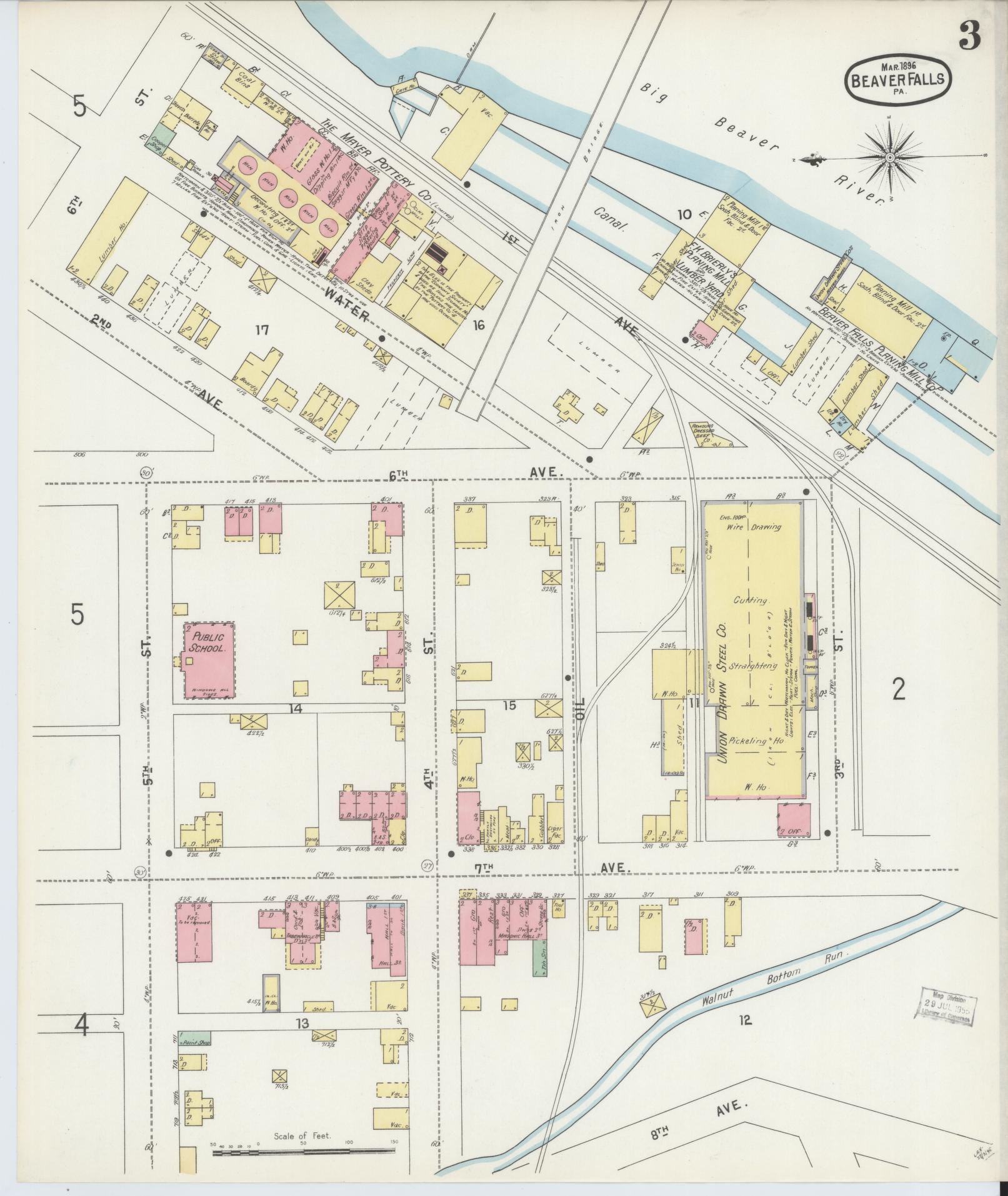 Sanborn Fire Insurance Map from Beaver Falls, Beaver County, Pennsylvania (1896), Sheet #0003 - Historic Sanborn Fire Insurance Map Print, vintage old map wall art, antique decor, genealogy gift, Pennsylvania Pennsylvania map