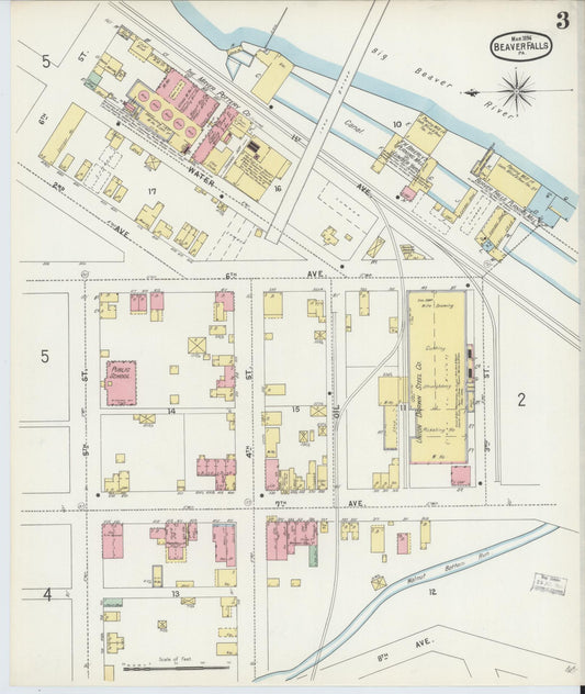 Sanborn Fire Insurance Map from Beaver Falls, Beaver County, Pennsylvania (1896), Sheet #0003 - Historic Sanborn Fire Insurance Map Print, vintage old map wall art, antique decor, genealogy gift, Pennsylvania Pennsylvania map