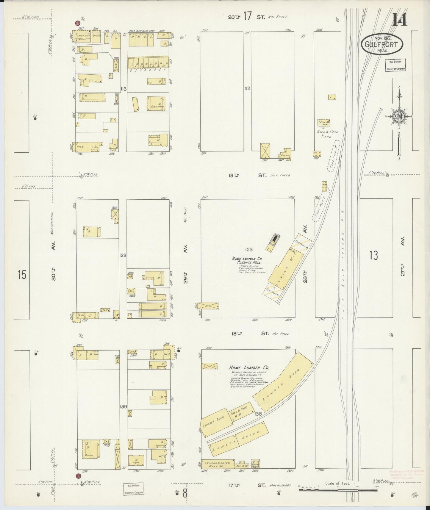 Sanborn Fire Insurance Map from Gulfport, Harrison County, Mississippi (1912), Sheet #0014 - Complete Map Set gallery image, historic Sanborn map, vintage wall art, Mississippi Mississippi