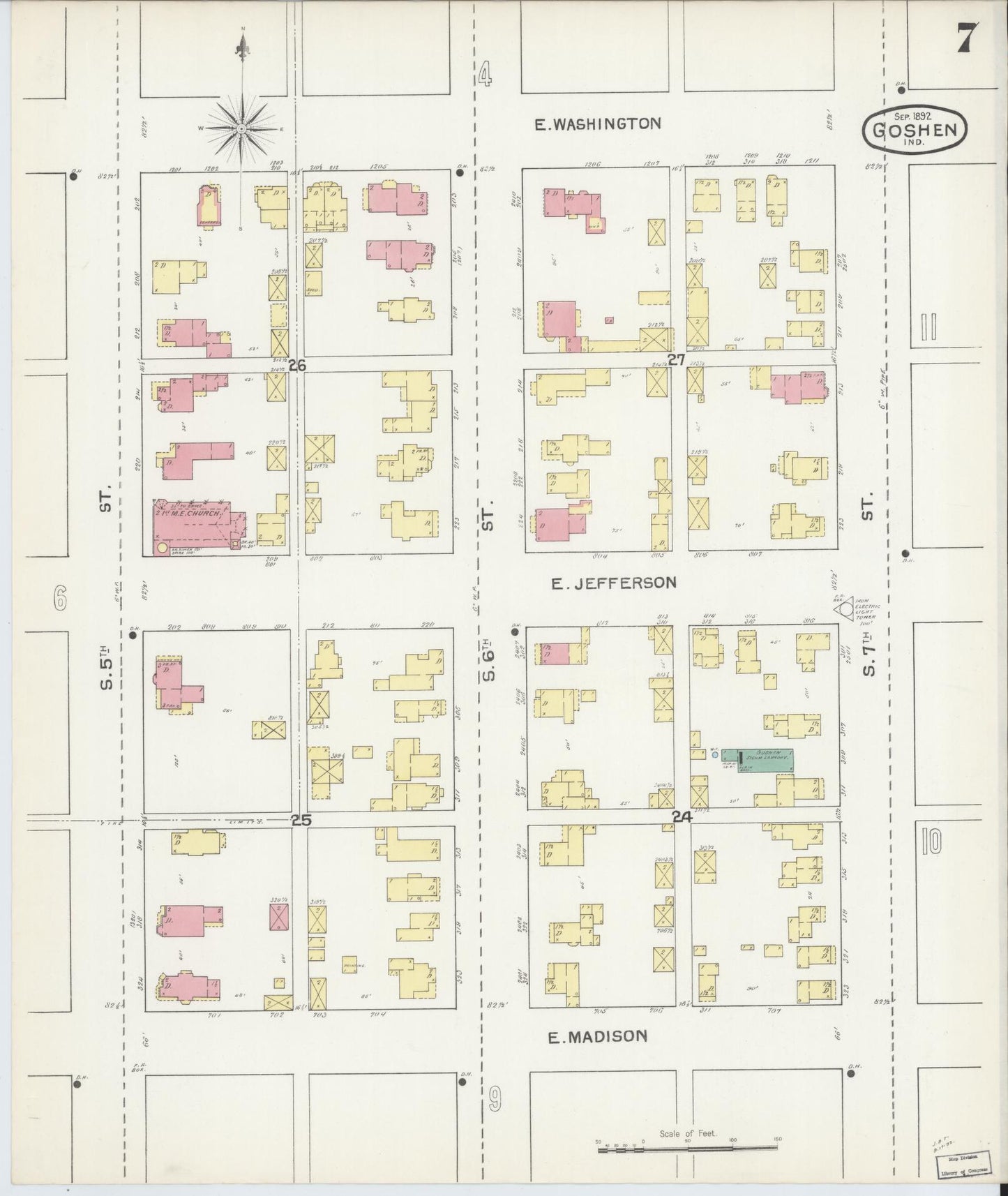 Sanborn Fire Insurance Map from Goshen, Elkhart County, Indiana (1892), Sheet #0007 - Historic Sanborn Fire Insurance Map Print, vintage old map wall art, antique decor, genealogy gift, Indiana Indiana map