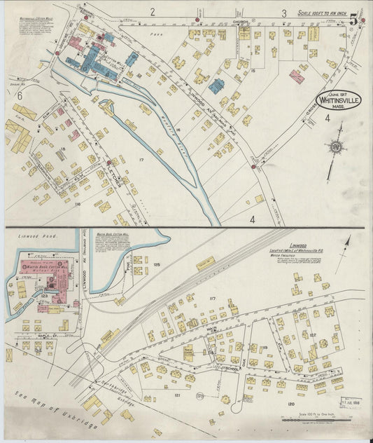 Sanborn Fire Insurance Map from Whitinsville, Worcester County, Massachusetts (1917), Sheet #0005 - Historic Sanborn Fire Insurance Map Print, vintage old map wall art, antique decor, genealogy gift, Massachusetts Massachusetts map