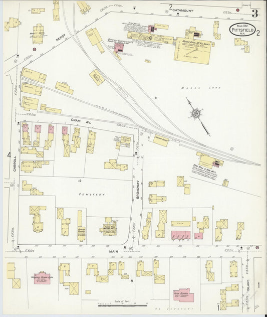 Sanborn Fire Insurance Map from Pittsfield, Merrimack County, New Hampshire (1912), Sheet #0003 - Historic Sanborn Fire Insurance Map Print, vintage old map wall art, antique decor, genealogy gift, New Hampshire New Hampshire map