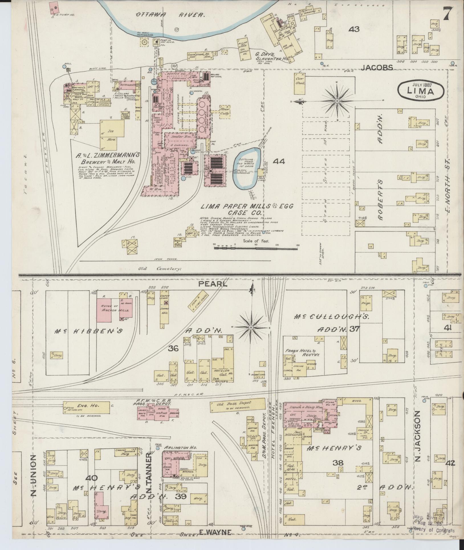 Sanborn Fire Insurance Map from Lima, Allen County, Ohio (1887), Sheet #0007 - Complete Map Set gallery image, historic Sanborn map, vintage wall art, Ohio Ohio