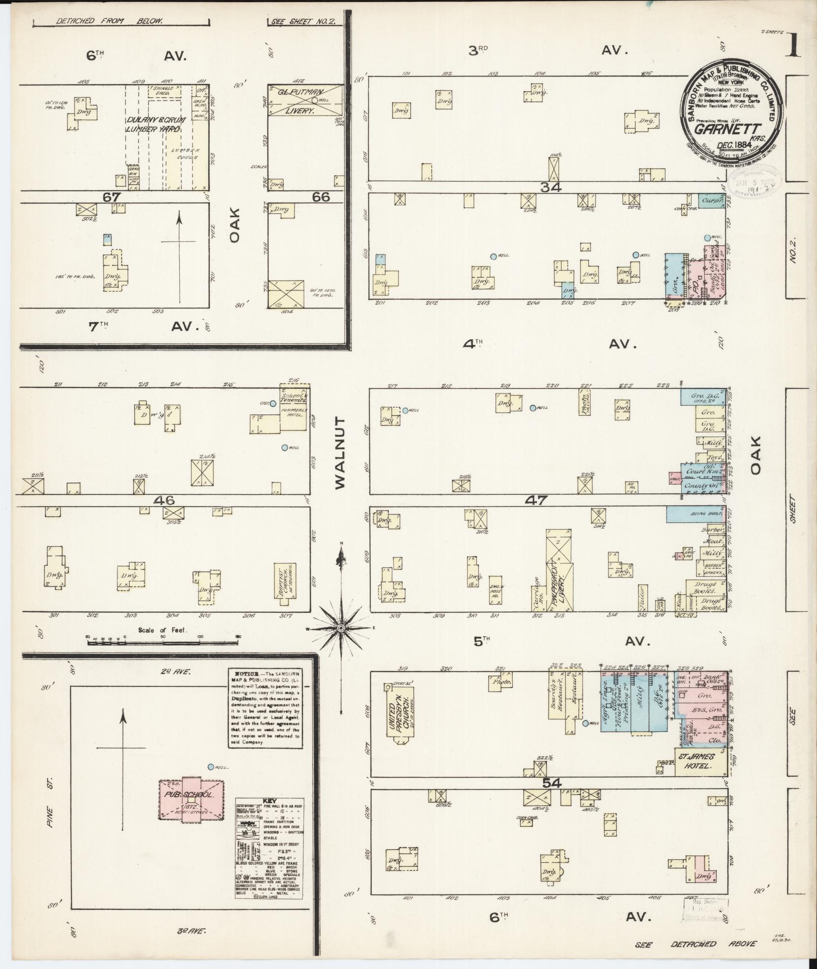 Sanborn Fire Insurance Map from Garnett, Anderson County, Kansas (1884), Sheet #0001 - Complete Map Set gallery image, historic Sanborn map, vintage wall art, Kansas Kansas