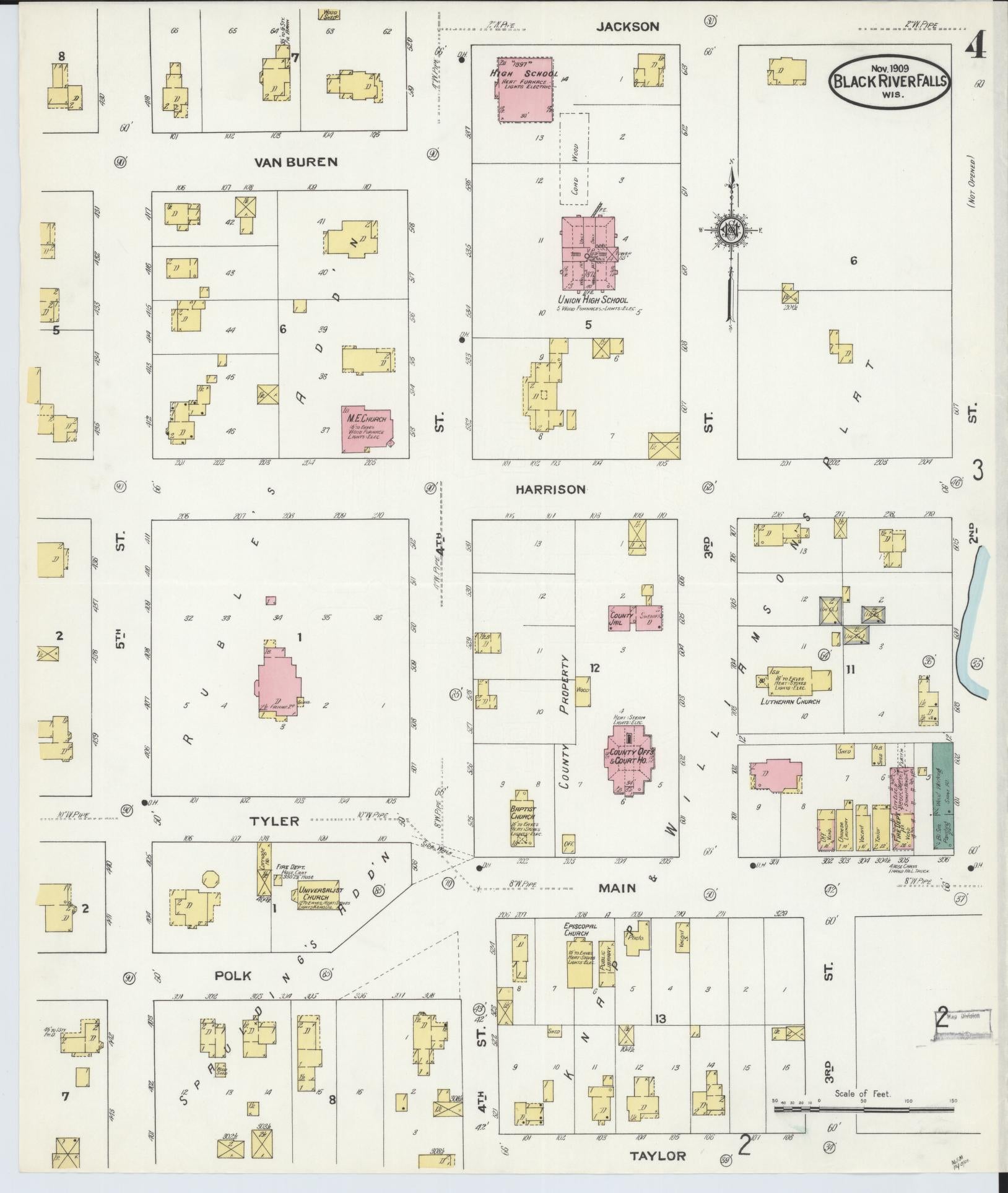 Sanborn Fire Insurance Map from Black River Falls, Jackson County, Wisconsin (1909), Sheet #0004 - Historic Sanborn Fire Insurance Map Print, vintage old map wall art, antique decor, genealogy gift, Wisconsin Wisconsin map