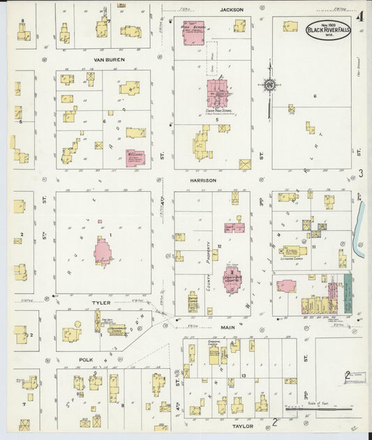 Sanborn Fire Insurance Map from Black River Falls, Jackson County, Wisconsin (1909), Sheet #0004 - Historic Sanborn Fire Insurance Map Print, vintage old map wall art, antique decor, genealogy gift, Wisconsin Wisconsin map