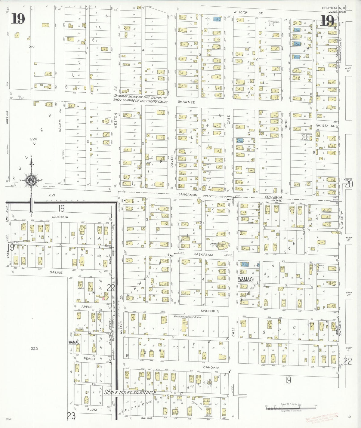 Sanborn Fire Insurance Map from Centralia, Marion, Clinton, Jefferson, and Washington Counties, Illinois (1938), Sheet #0019 - Historic Sanborn Fire Insurance Map Print, vintage old map wall art, antique decor, genealogy gift, Illinois Illinois map