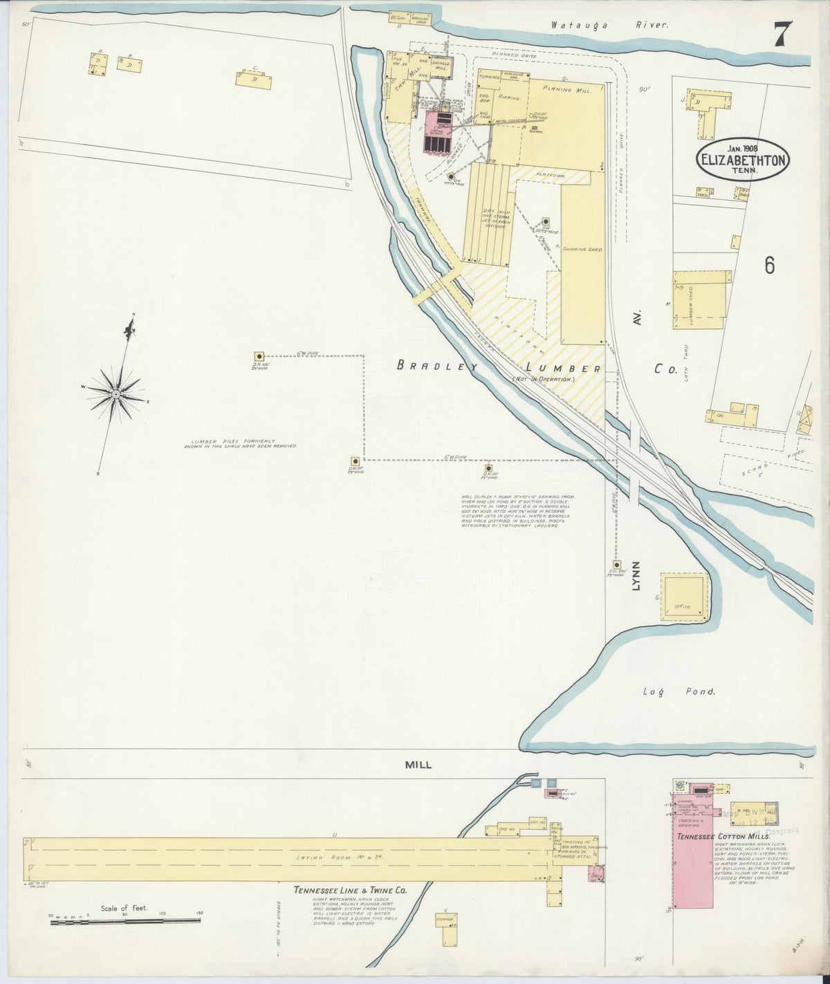 Sanborn Fire Insurance Map from Elizabethton, Carter County, Tennessee (1908), Sheet #0007 - Historic Sanborn Fire Insurance Map Print, vintage old map wall art, antique decor, genealogy gift, Tennessee Tennessee map