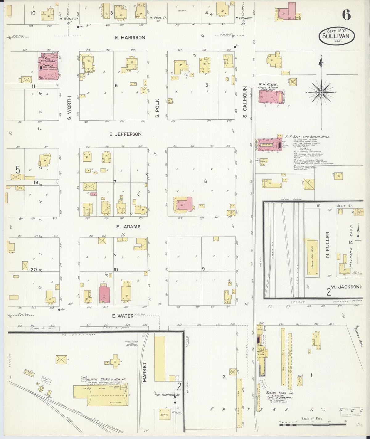 Sanborn Fire Insurance Map from Sullivan, Moultrie County, Illinois (1907), Sheet #0006 - Historic Sanborn Fire Insurance Map Print, vintage old map wall art, antique decor, genealogy gift, Illinois Illinois map