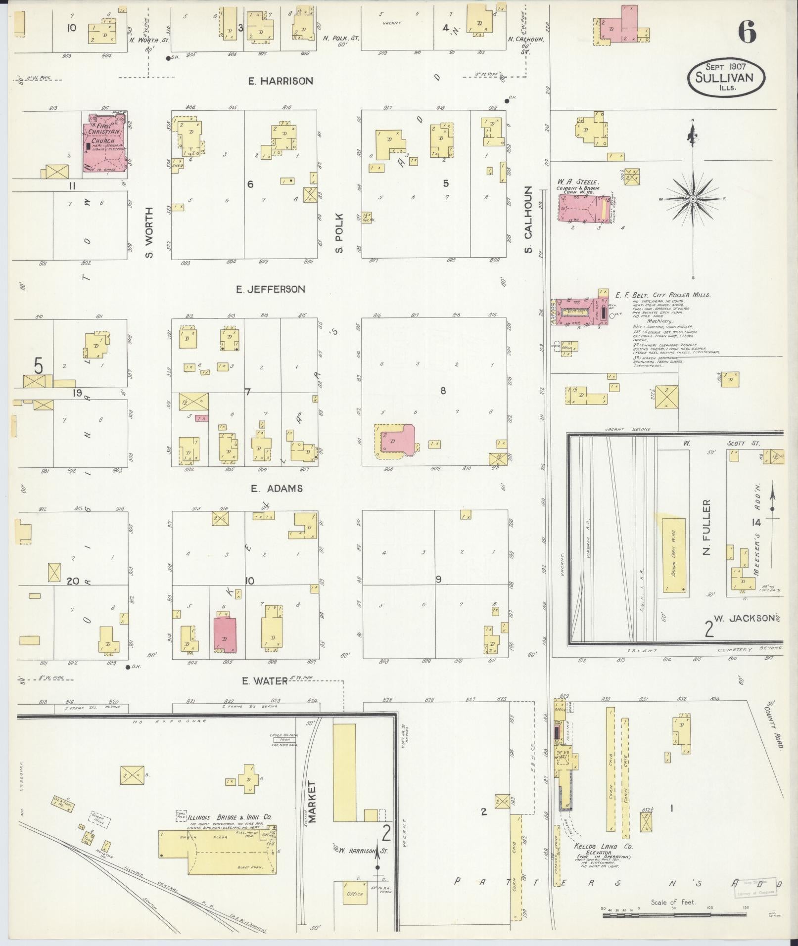 Sanborn Fire Insurance Map from Sullivan, Moultrie County, Illinois (1907), Sheet #0006 - Historic Sanborn Fire Insurance Map Print, vintage old map wall art, antique decor, genealogy gift, Illinois Illinois map