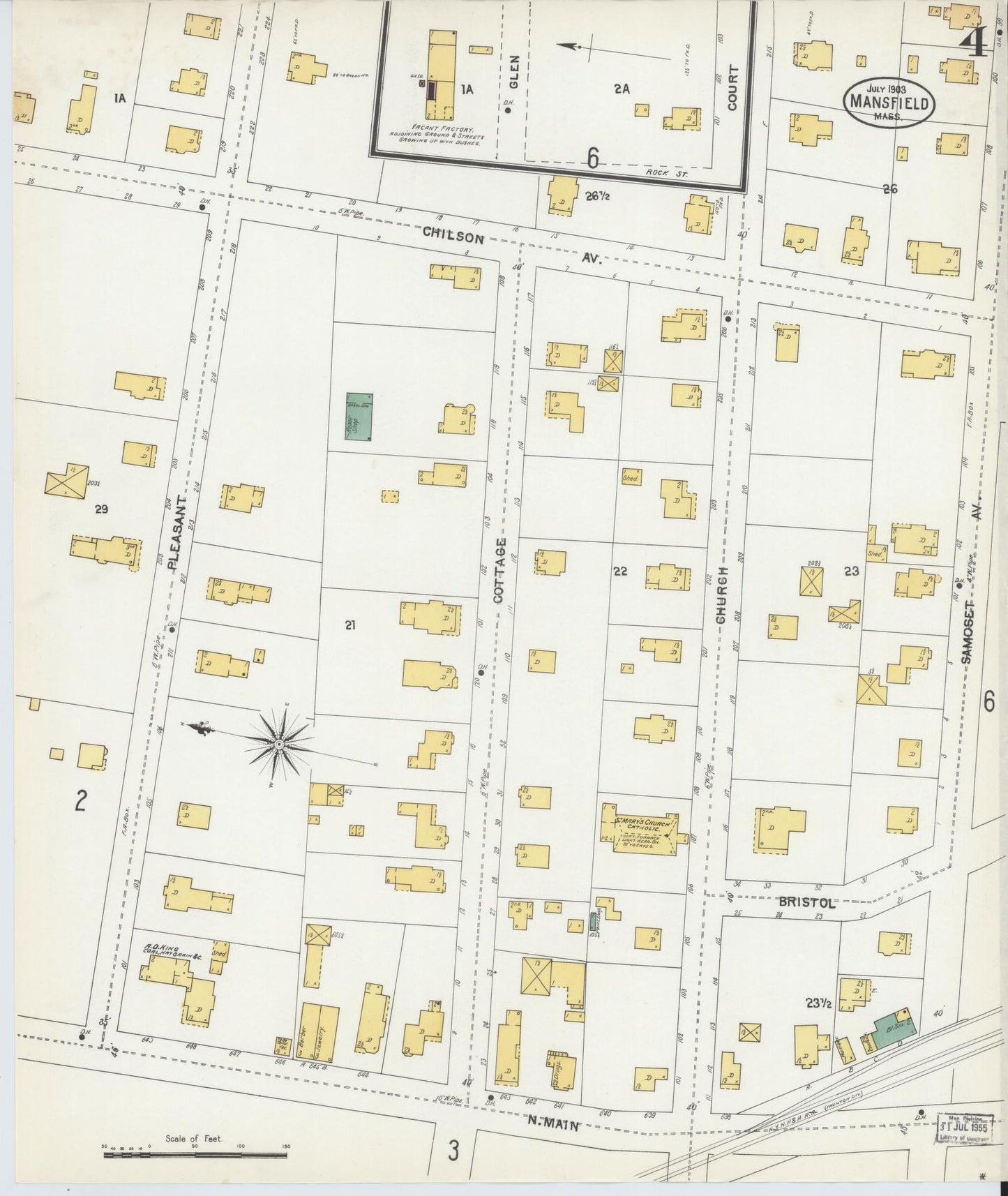 Sanborn Fire Insurance Map from Mansfield, Bristol County, Massachusetts (1903), Sheet #0004 - Historic Sanborn Fire Insurance Map Print, vintage old map wall art, antique decor, genealogy gift, Massachusetts Massachusetts map