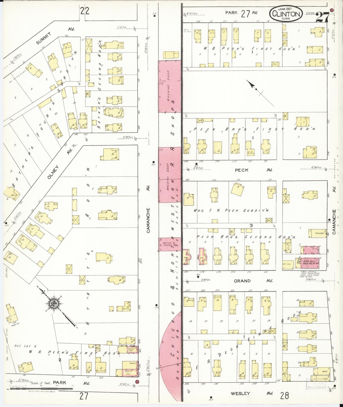 Sanborn Fire Insurance Map from Clinton, Clinton County, Iowa (1917), Sheet #0027 - Historic Sanborn Fire Insurance Map Print, vintage old map wall art