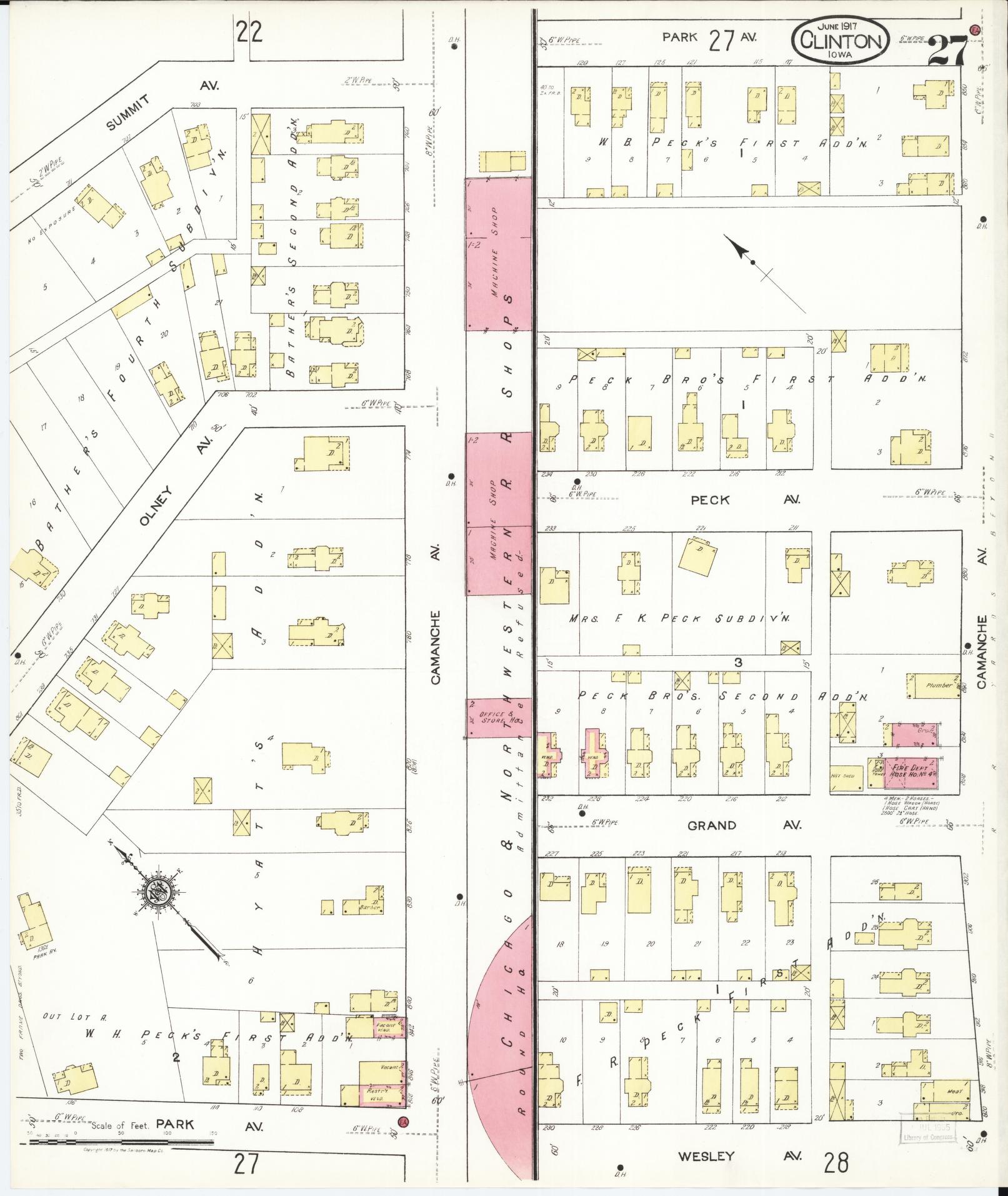 Sanborn Fire Insurance Map from Clinton, Clinton County, Iowa (1917), Sheet #0027 - Historic Sanborn Fire Insurance Map Print, vintage old map wall art