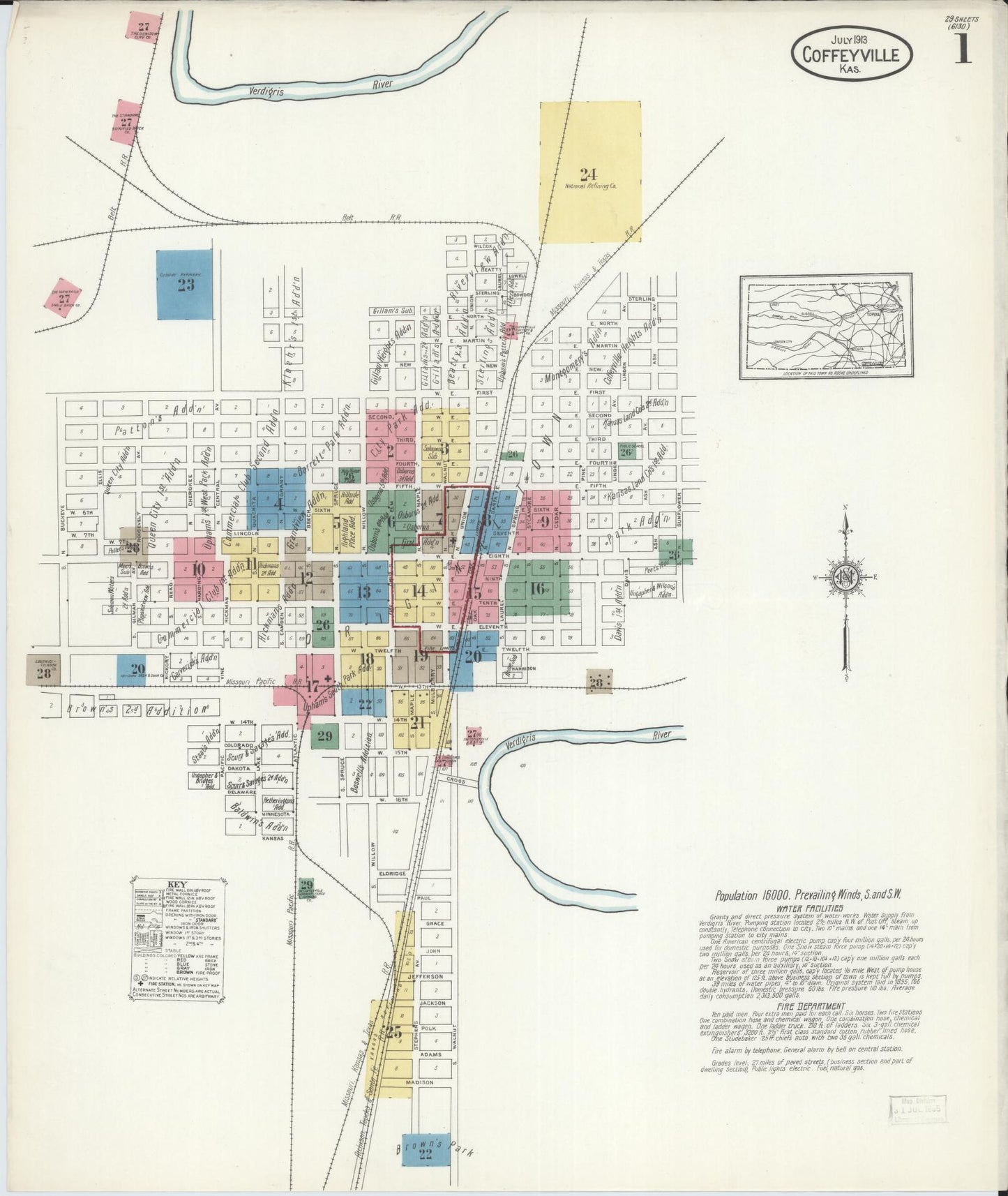 Sanborn Fire Insurance Map from Coffeyville, Montgomery County, Kansas (1913), Sheet #0001 - Complete Map Set gallery image, historic Sanborn map, vintage wall art, Kansas Kansas