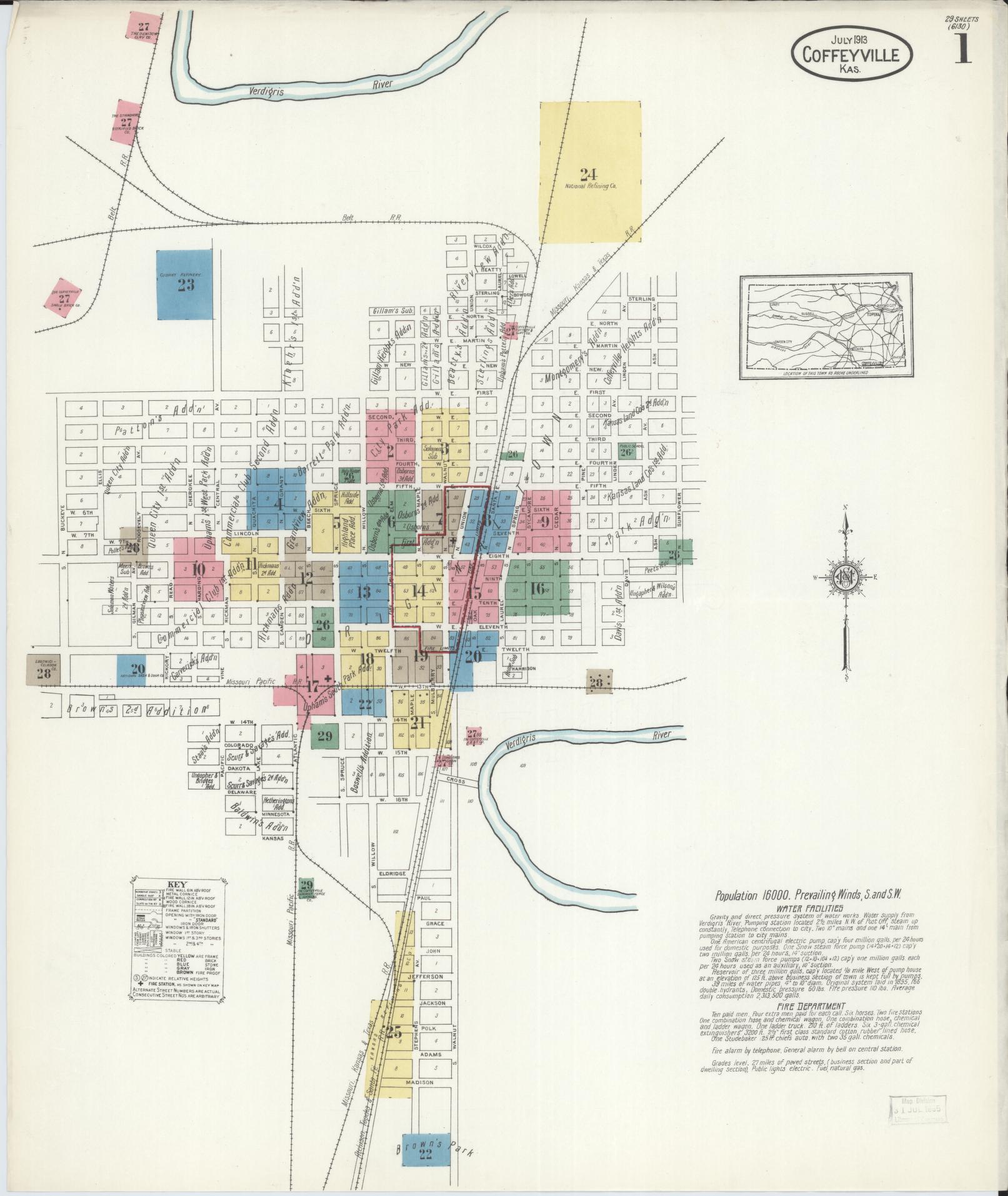 Sanborn Fire Insurance Map from Coffeyville, Montgomery County, Kansas (1913), Sheet #0001 - Complete Map Set gallery image, historic Sanborn map, vintage wall art, Kansas Kansas