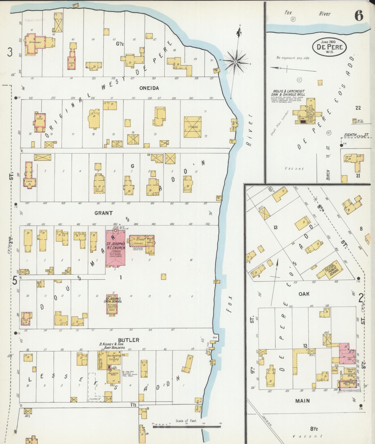 Sanborn Fire Insurance Map from De Pere, Brown County, Wisconsin (1900), Sheet #0006 - Historic Sanborn Fire Insurance Map Print, vintage old map wall art, antique decor, genealogy gift, Wisconsin Wisconsin map