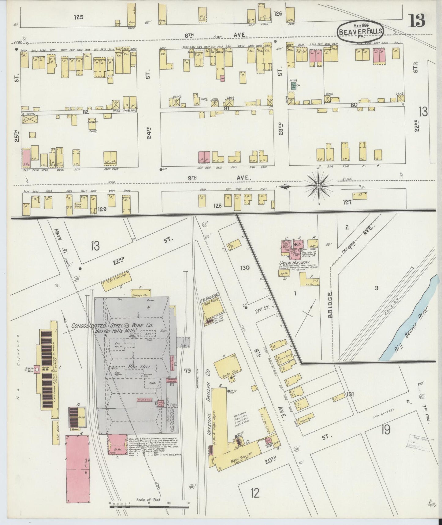 Sanborn Fire Insurance Map from Beaver Falls, Beaver County, Pennsylvania (1896), Sheet #0013 - Historic Sanborn Fire Insurance Map Print, vintage old map wall art, antique decor, genealogy gift, Pennsylvania Pennsylvania map