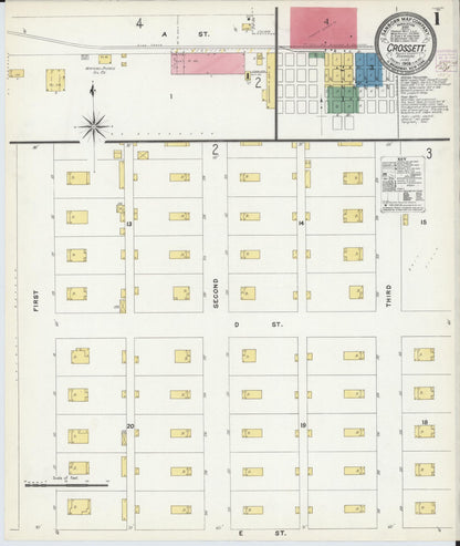 Sanborn Fire Insurance Map from Crossett, Ashley County, Arkansas (1908), Sheet #0001 - Complete Map Set gallery image, historic Sanborn map, vintage wall art, Arkansas Arkansas