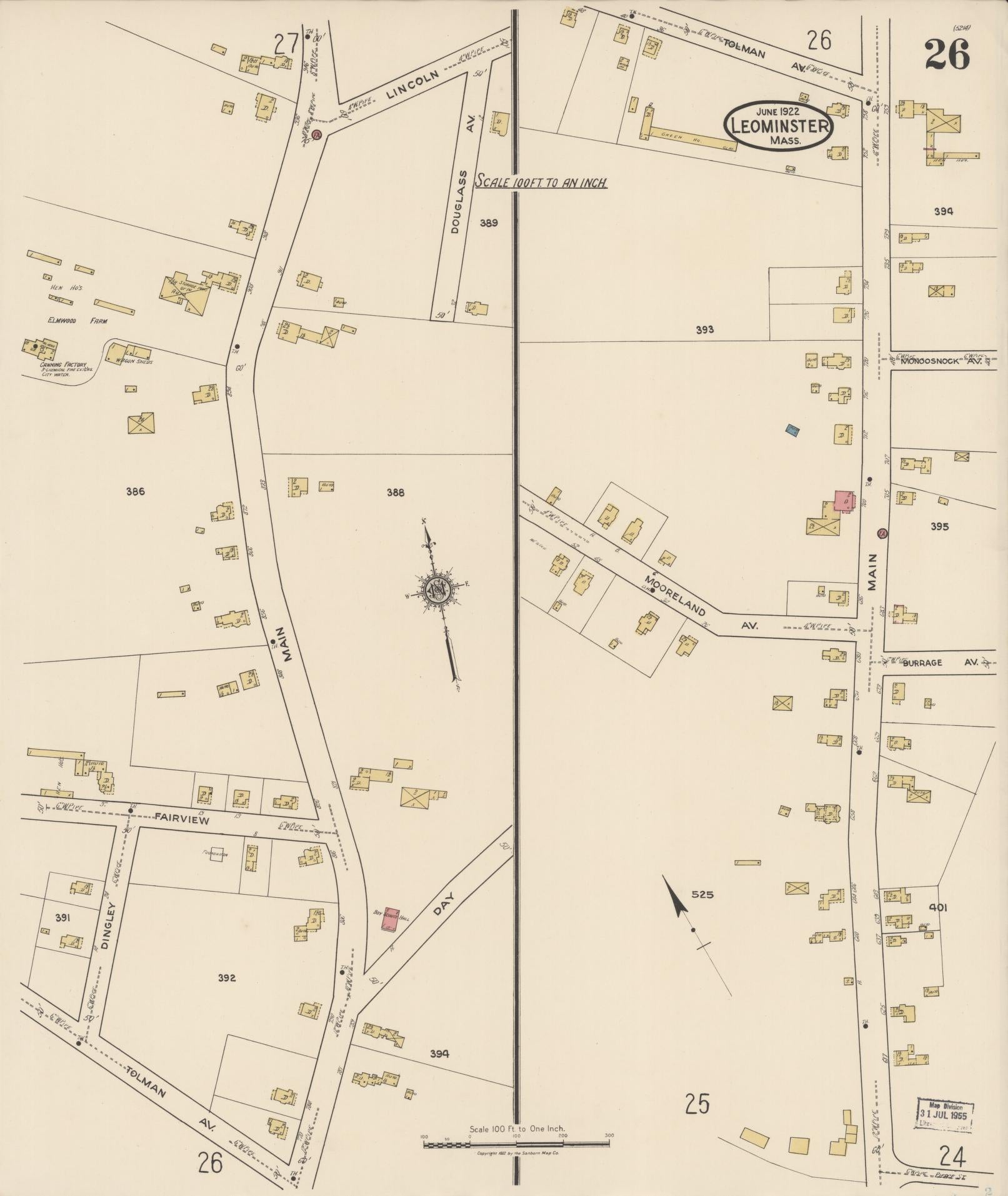 Sanborn Fire Insurance Map from Leominster, Worcester County, Massachusetts (1922), Sheet #0026 - Historic Sanborn Fire Insurance Map Print, vintage old map wall art, antique decor, genealogy gift, Massachusetts Massachusetts map