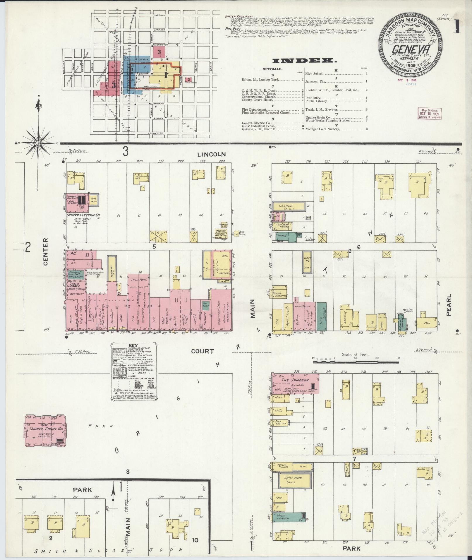 Sanborn Fire Insurance Map from Geneva, Fillmore County, Nebraska (1909), Sheet #0001 - Complete Map Set gallery image, historic Sanborn map, vintage wall art, Nebraska Nebraska