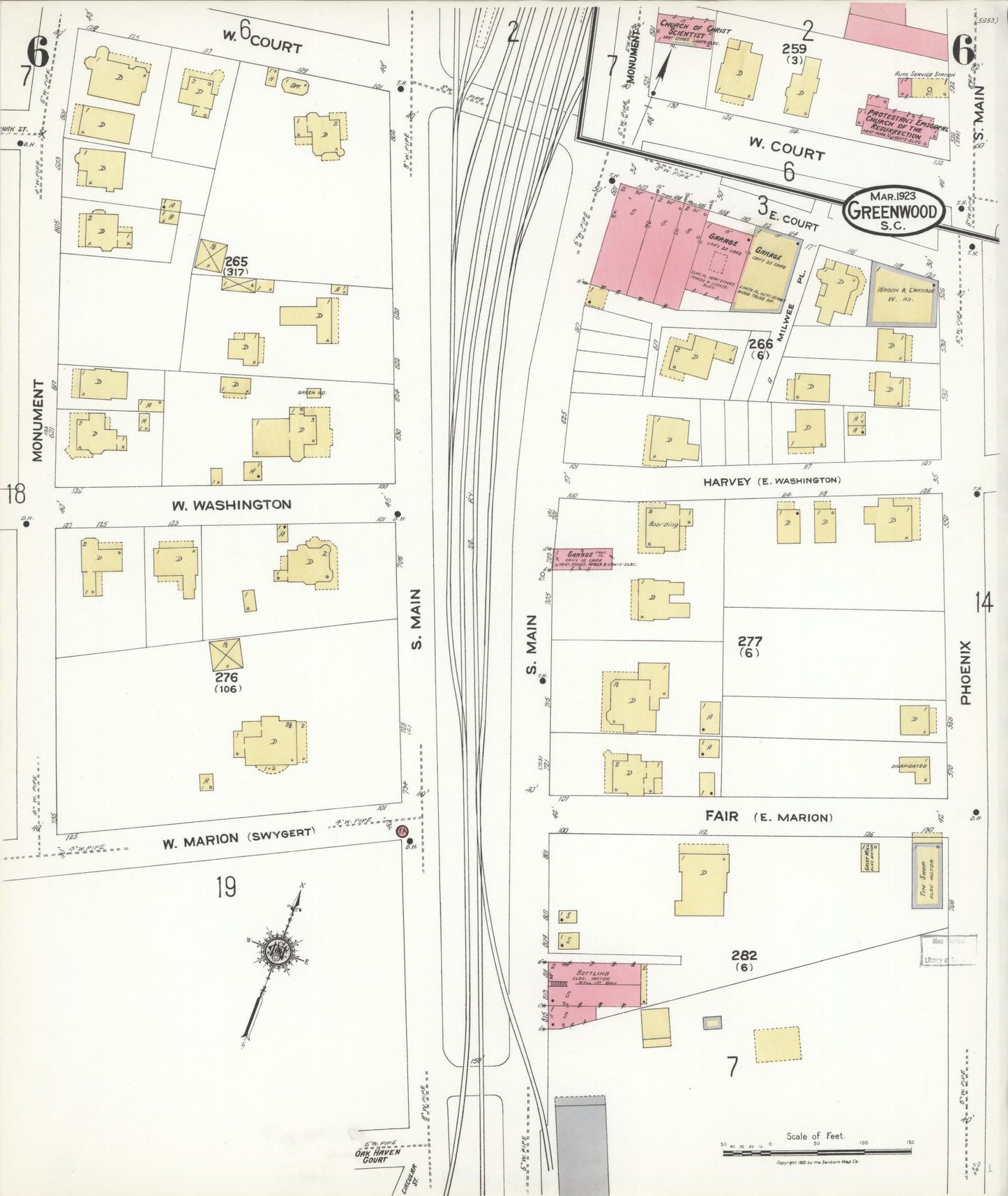 Sanborn Fire Insurance Map from Greenwood, Greenwood County, South Carolina (1923), Sheet #0006 - Complete Map Set gallery image, historic Sanborn map, vintage wall art, South Carolina South Carolina