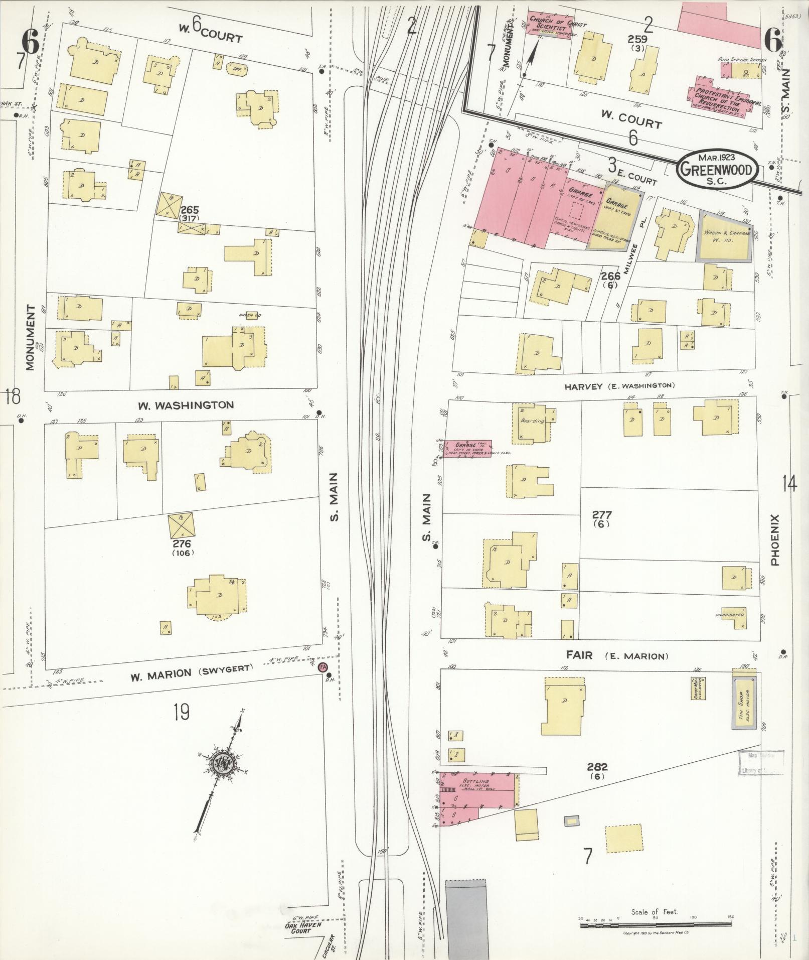 Sanborn Fire Insurance Map from Greenwood, Greenwood County, South Carolina (1923), Sheet #0006 - Complete Map Set gallery image, historic Sanborn map, vintage wall art, South Carolina South Carolina