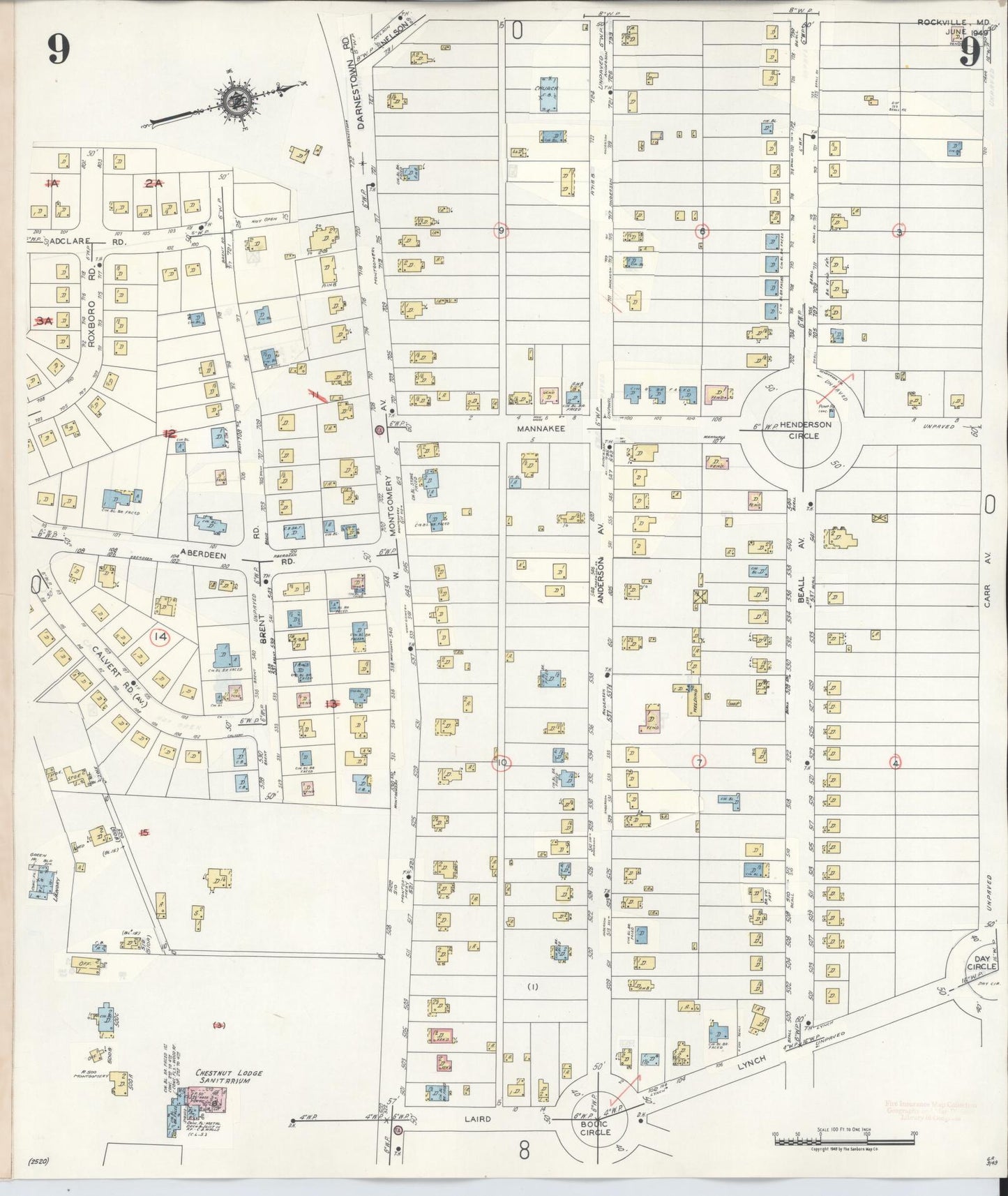 Sanborn Fire Insurance Map from Rockville, Montgomery County, Maryland (1960), Sheet #0009 - Historic Sanborn Fire Insurance Map Print, vintage old map wall art