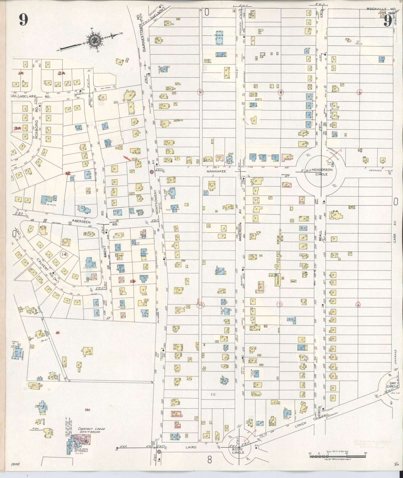Sanborn Fire Insurance Map from Rockville, Montgomery County, Maryland (1960), Sheet #0009 - Historic Sanborn Fire Insurance Map Print, vintage old map wall art