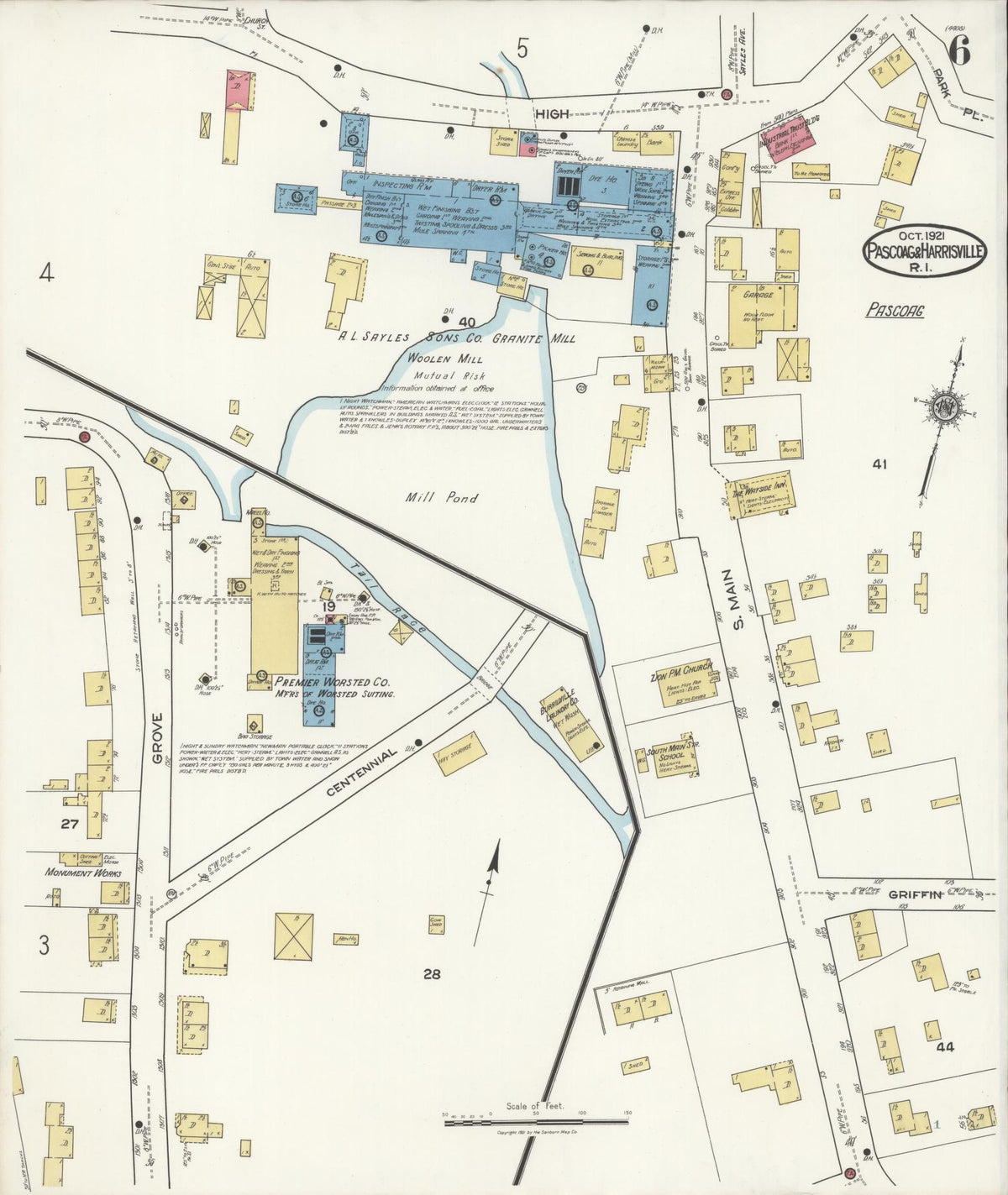 Sanborn Fire Insurance Map from Pascoag, Providence County, Rhode Island (1921), Sheet #0006 - Historic Sanborn Fire Insurance Map Print, vintage old map wall art, antique decor, genealogy gift, Rhode Island Rhode Island map
