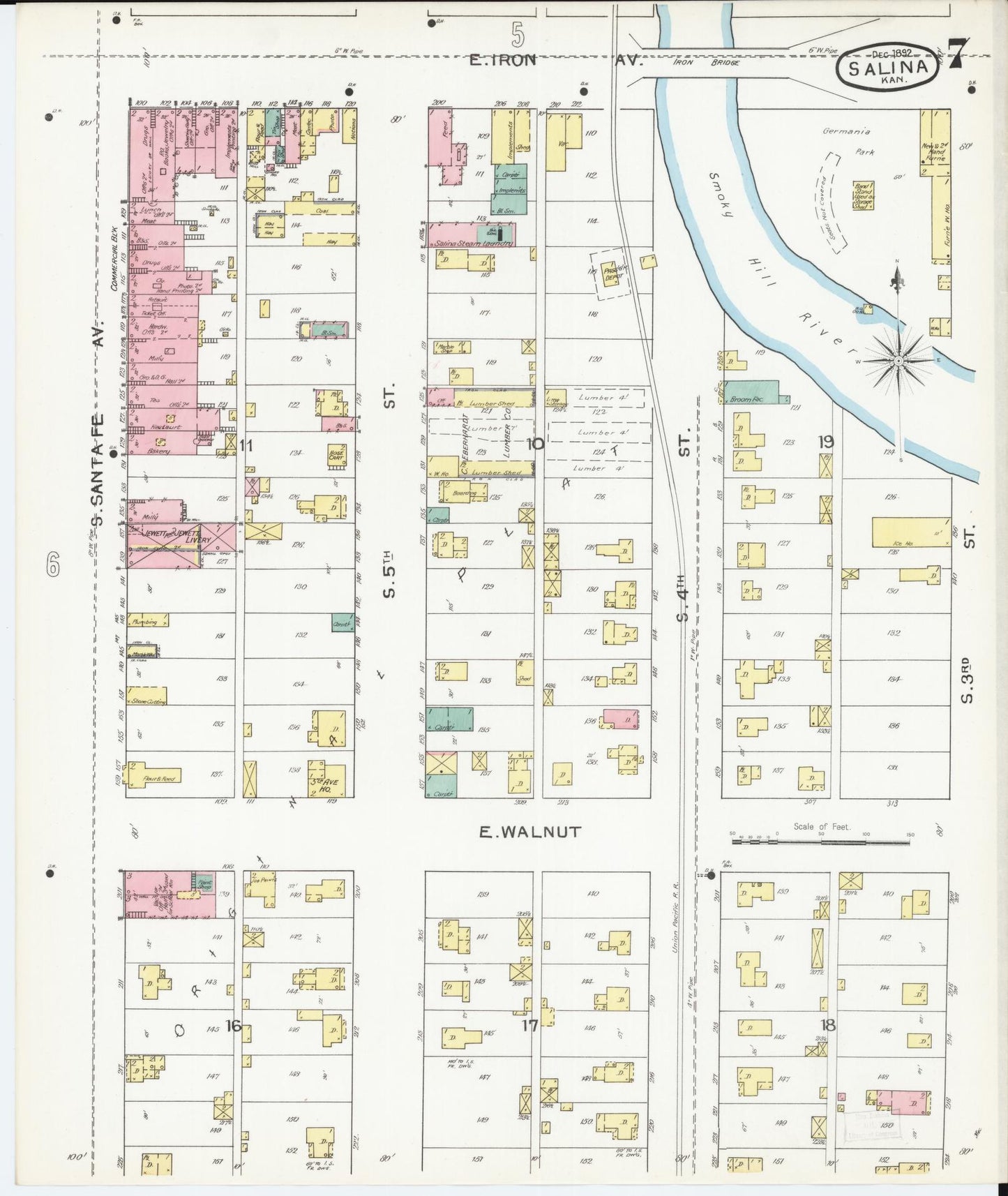 Sanborn Fire Insurance Map from Salina, Saline County, Kansas (1892), Sheet #0007 - Historic Sanborn Fire Insurance Map Print, vintage old map wall art, antique decor, genealogy gift, Kansas Kansas map