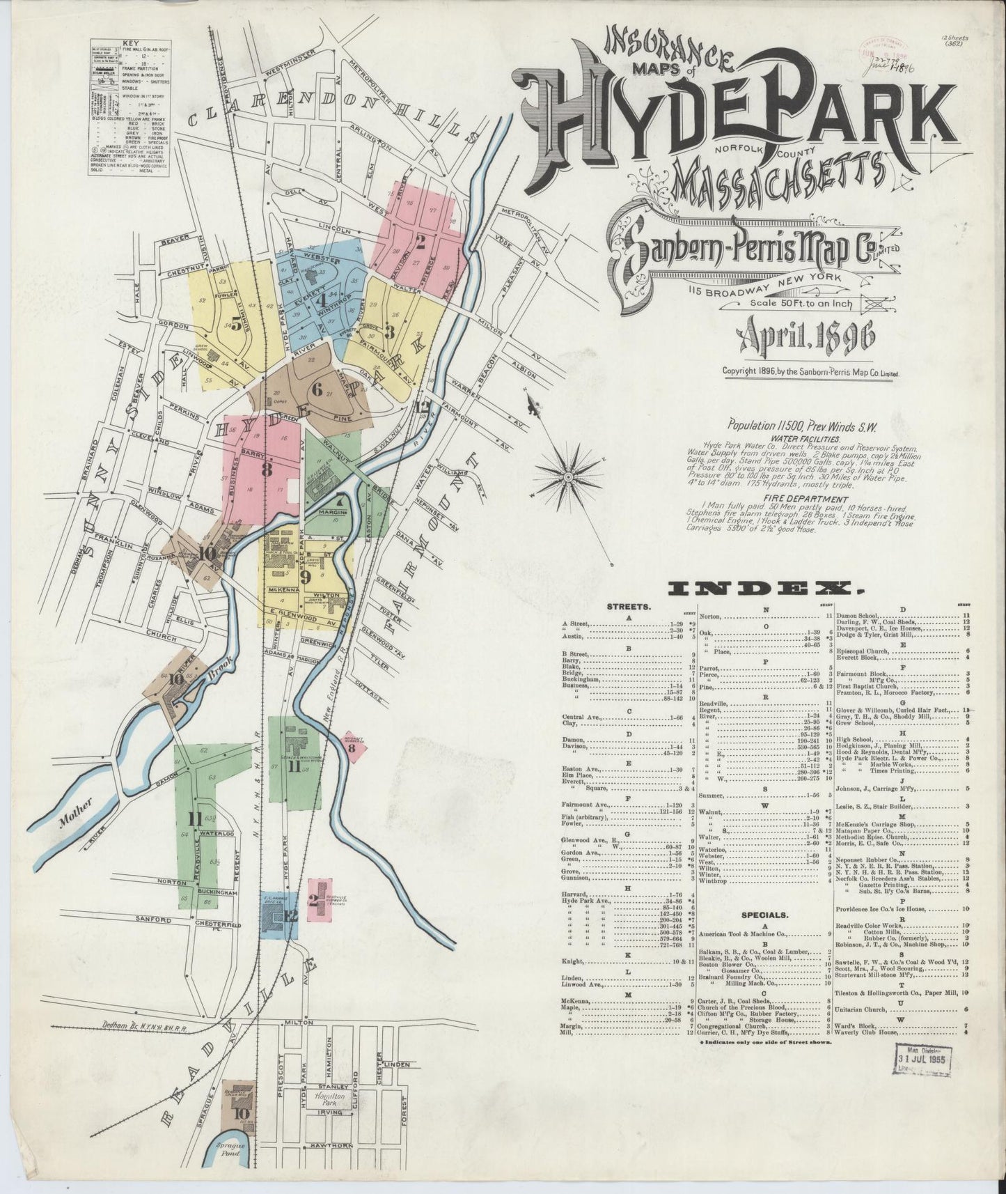 Sanborn Fire Insurance Map from Hyde Park, Norfolk County, Massachusetts. (1896) – Historic Sanborn Fire Insurance Map Print